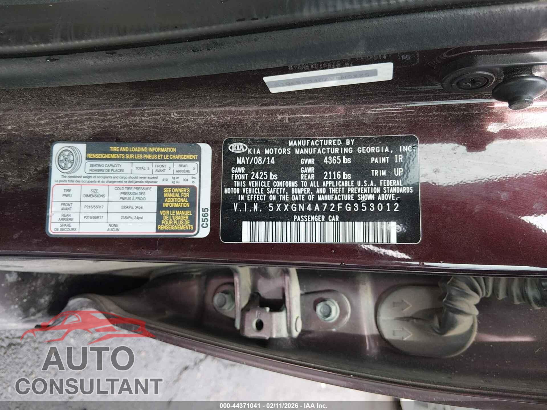 KIA OPTIMA 2015 - 5XXGN4A72FG353012