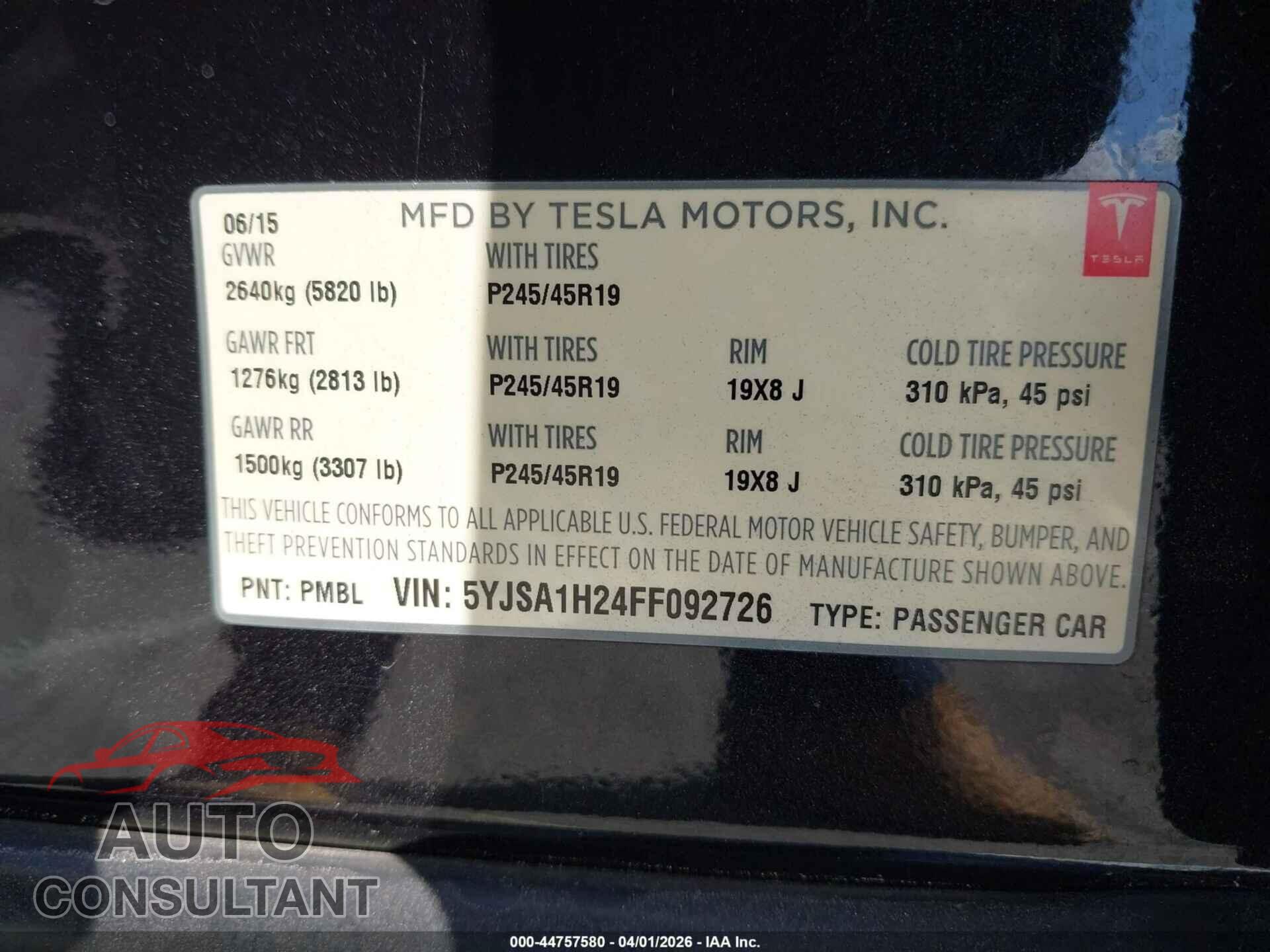 TESLA MODEL S 2015 - 5YJSA1H24FF092726