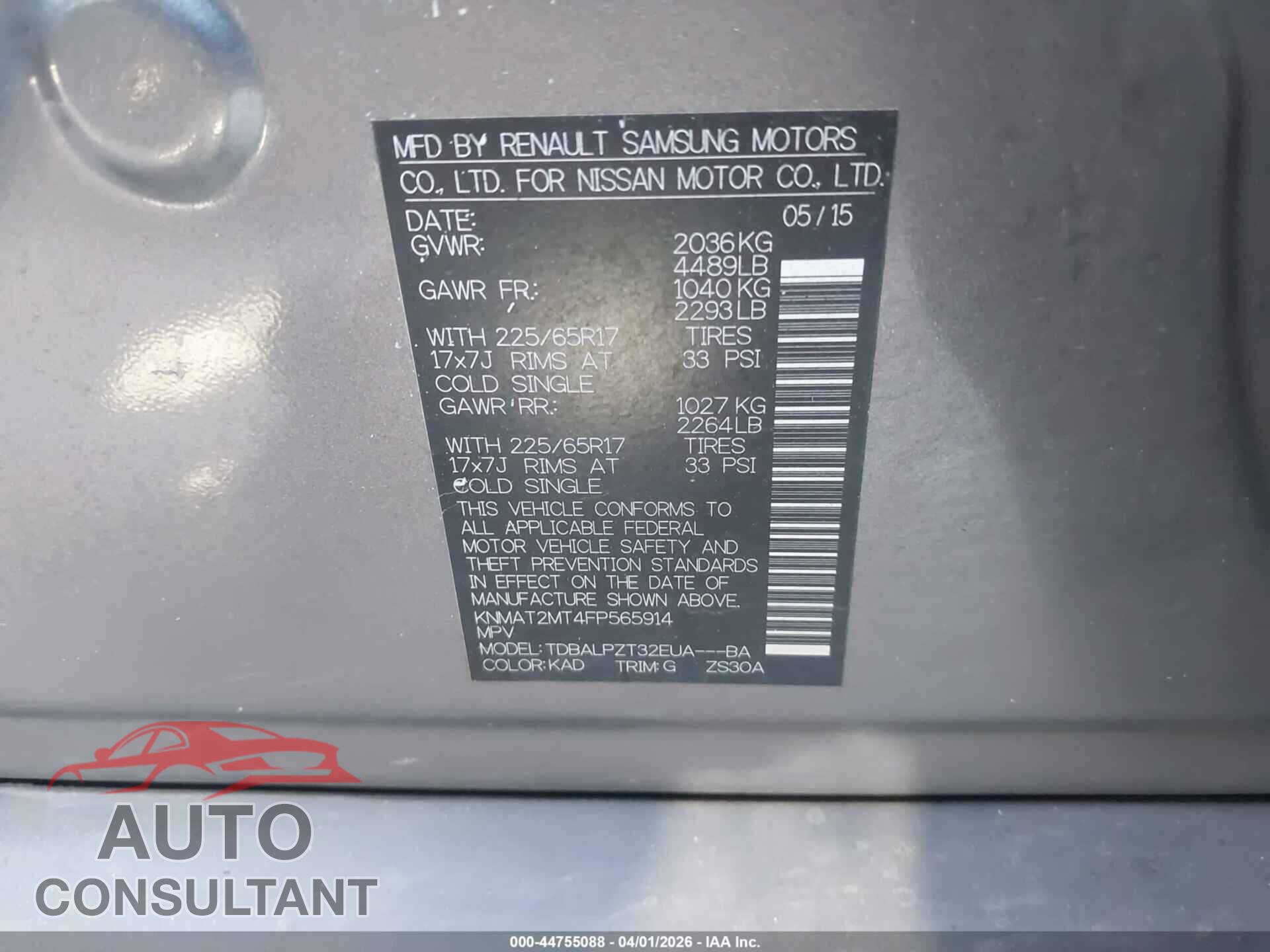 NISSAN ROGUE 2015 - KNMAT2MT4FP565914