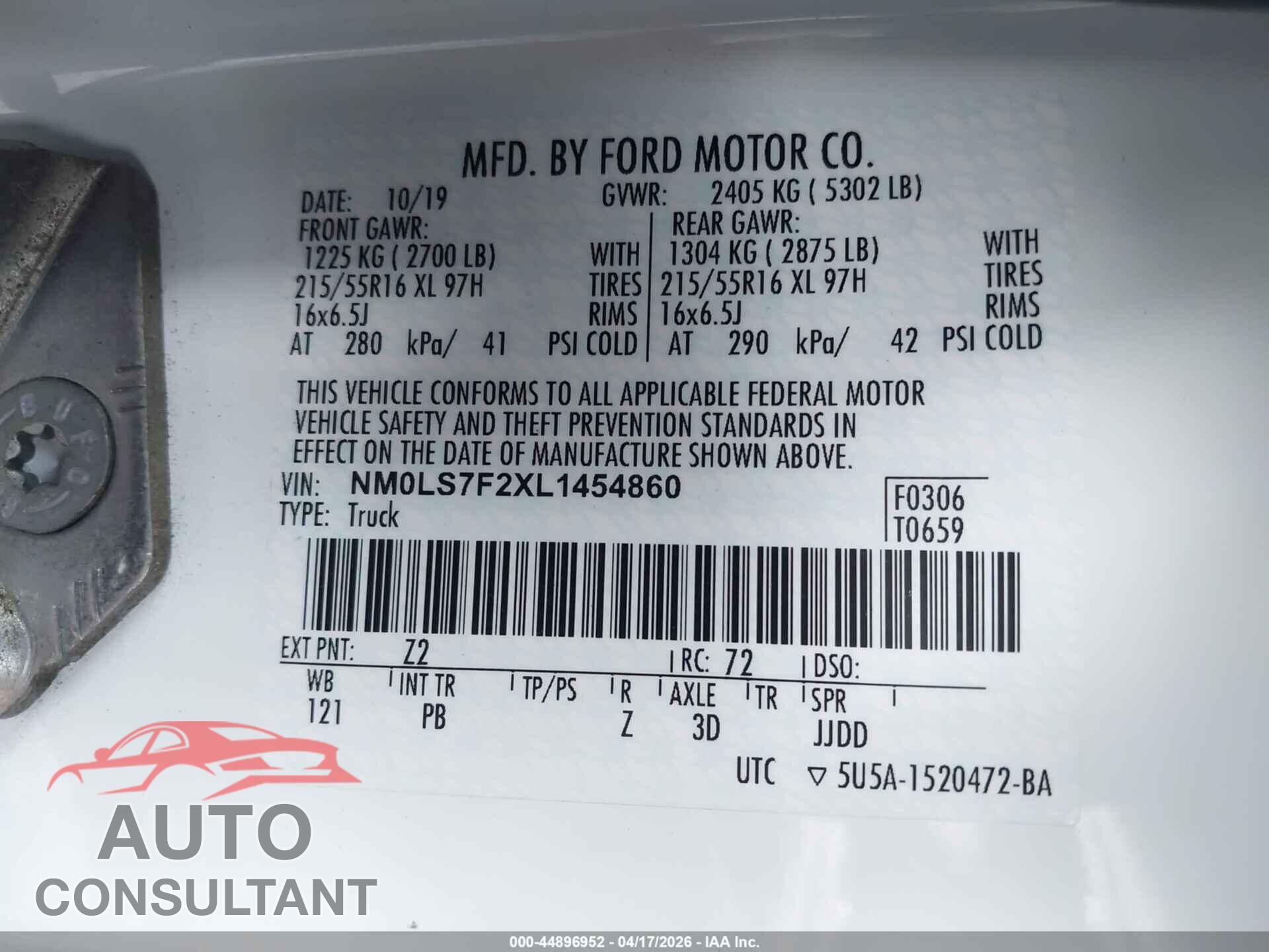FORD TRANSIT CONNECT 2020 - NM0LS7F2XL1454860