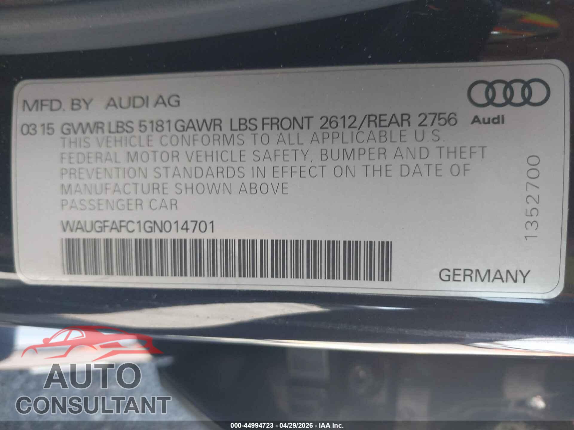 AUDI A6 2016 - WAUGFAFC1GN014701