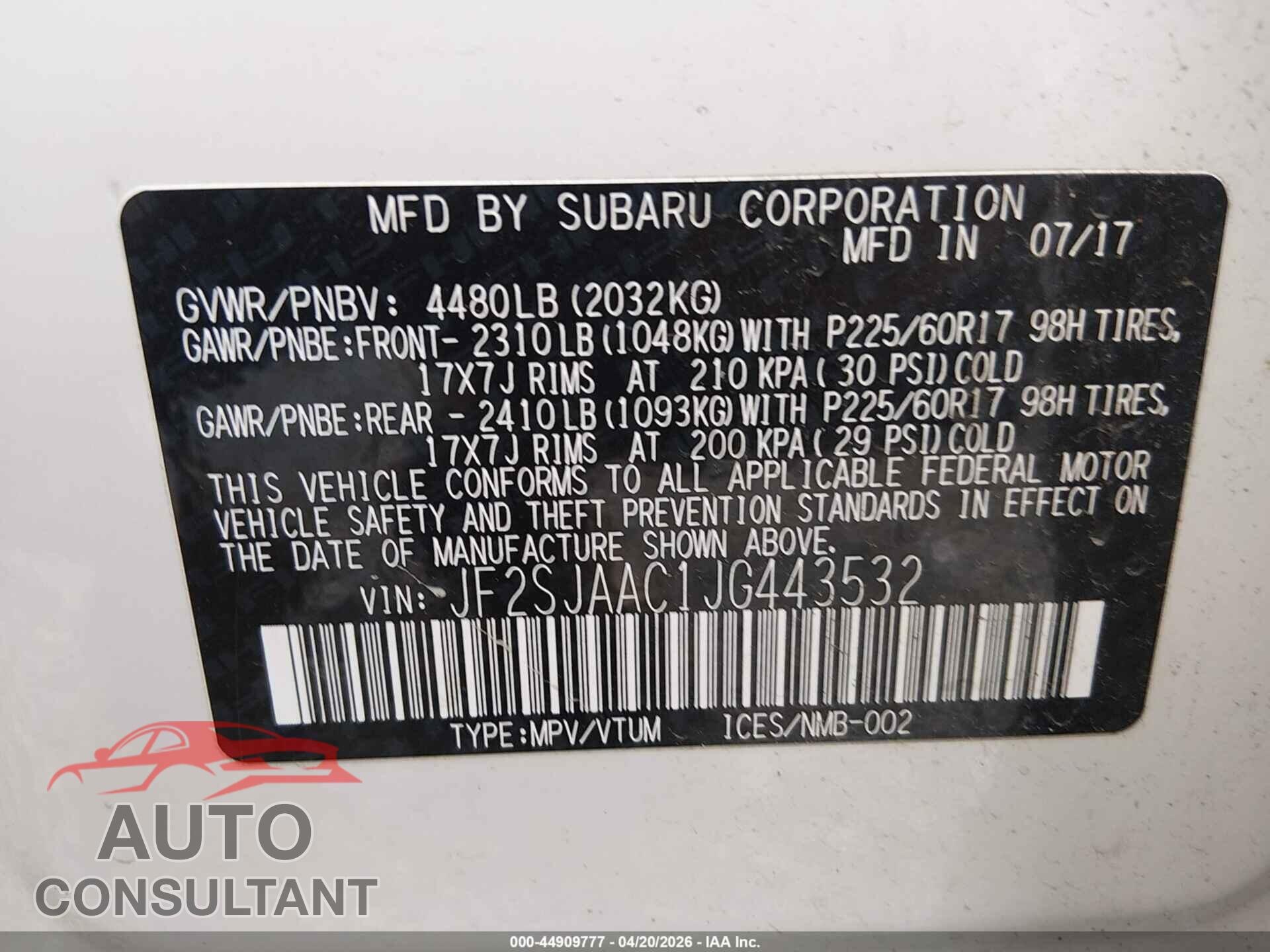 SUBARU FORESTER 2018 - JF2SJAAC1JG443532