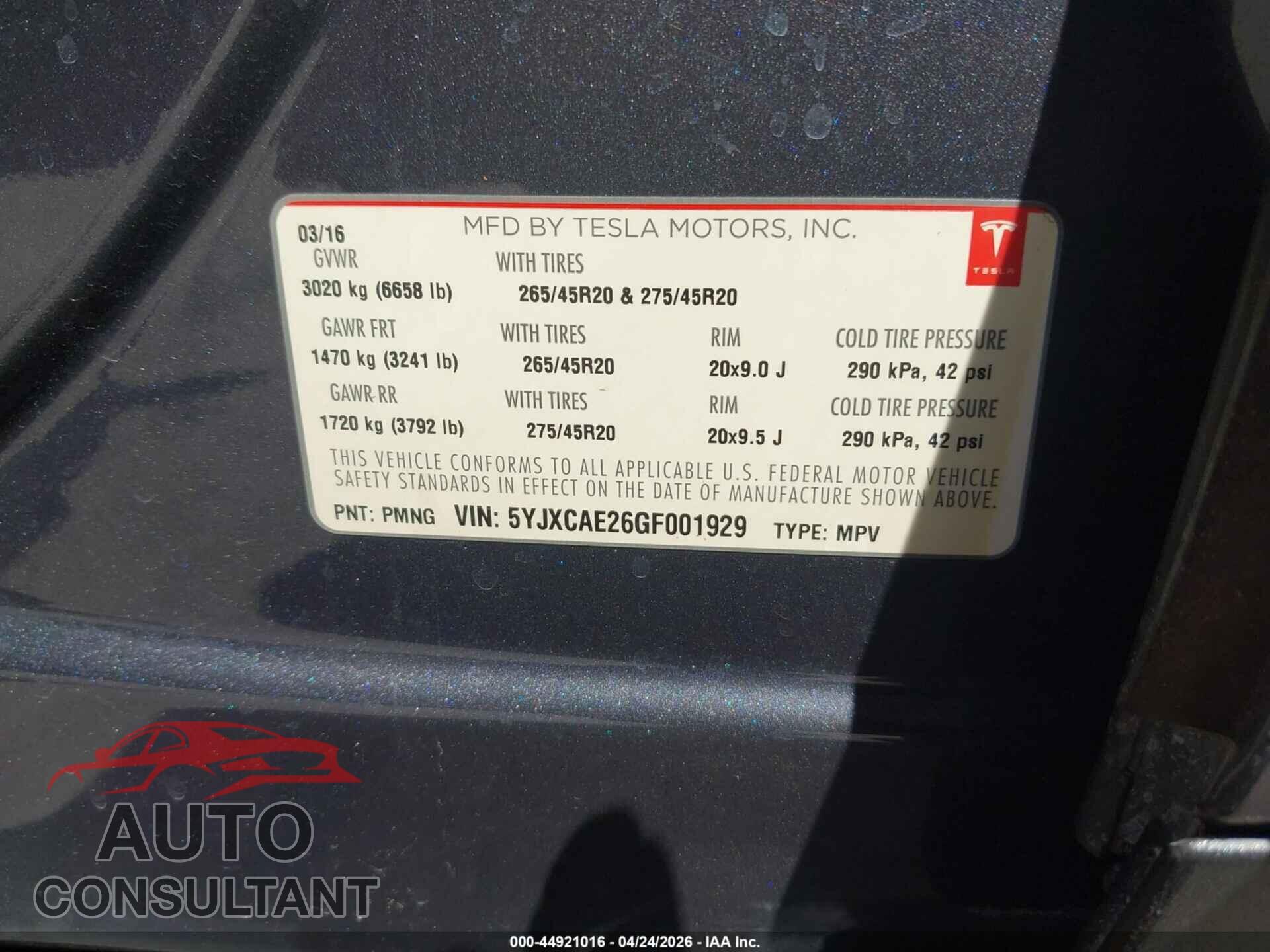 TESLA MODEL X 2016 - 5YJXCAE26GF001929