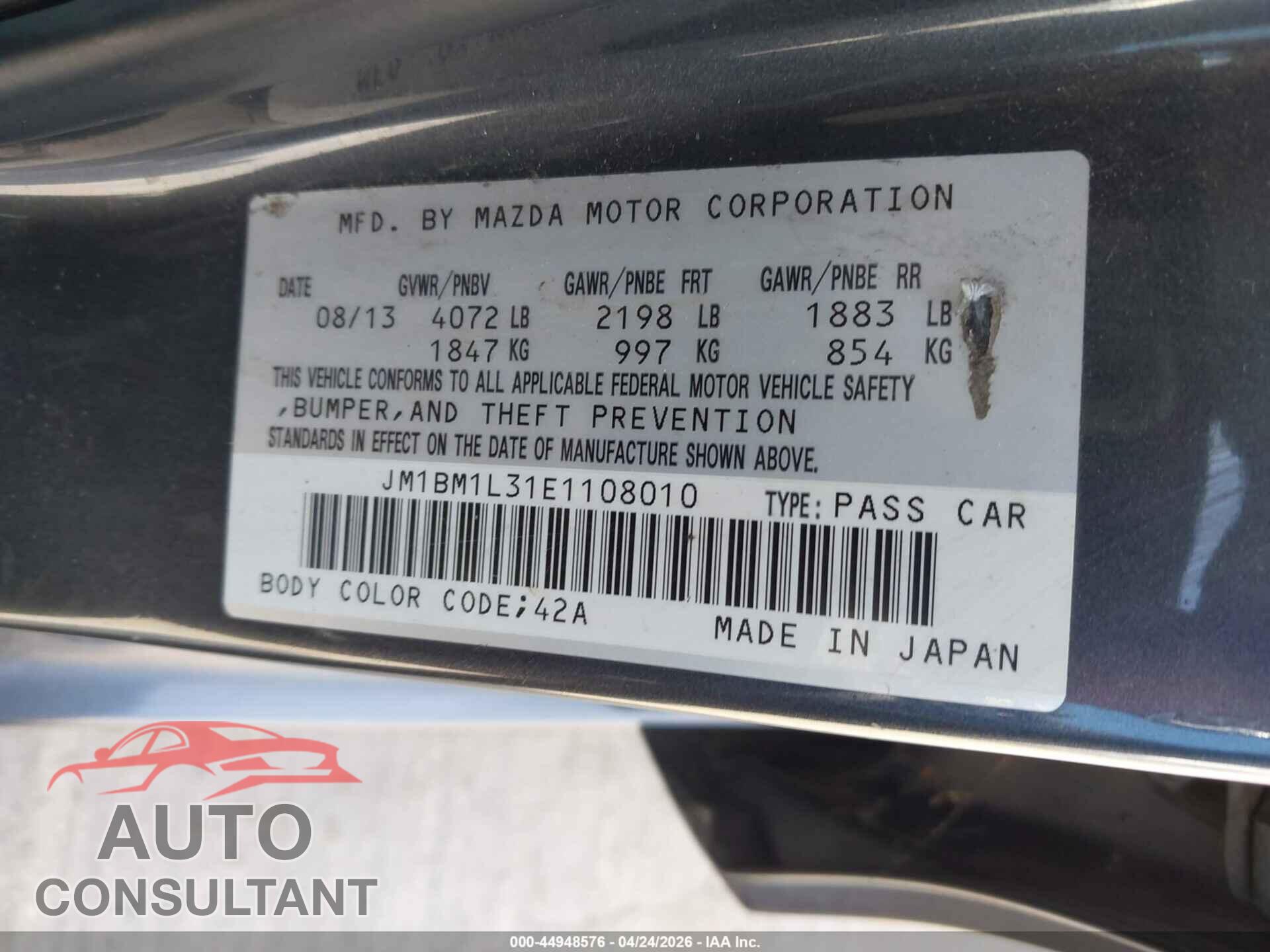 MAZDA MAZDA3 2014 - JM1BM1L31E1108010