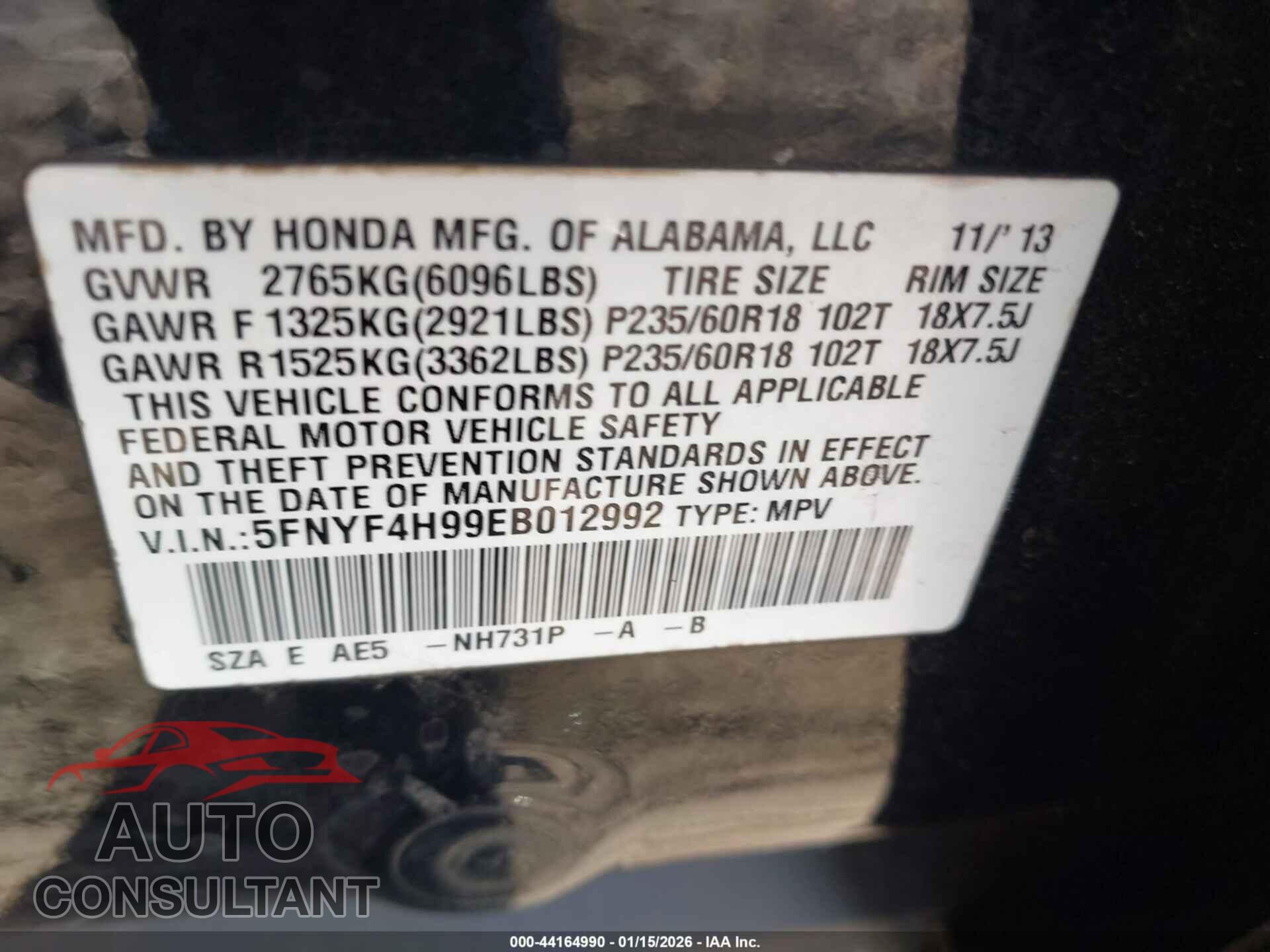 HONDA PILOT 2014 - 5FNYF4H99EB012992