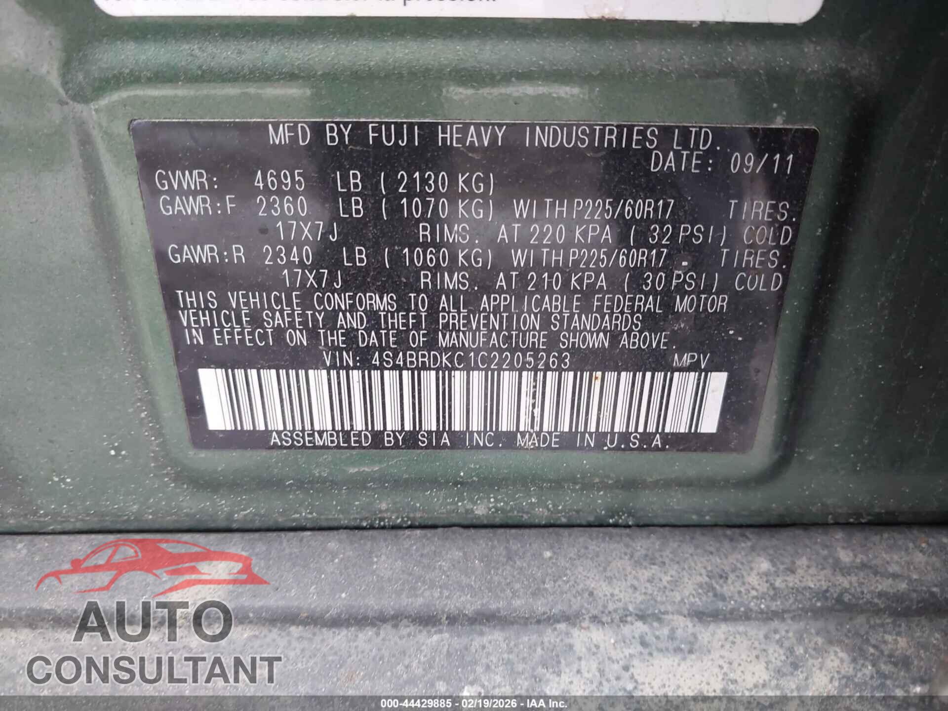 SUBARU OUTBACK 2012 - 4S4BRDKC1C2205263