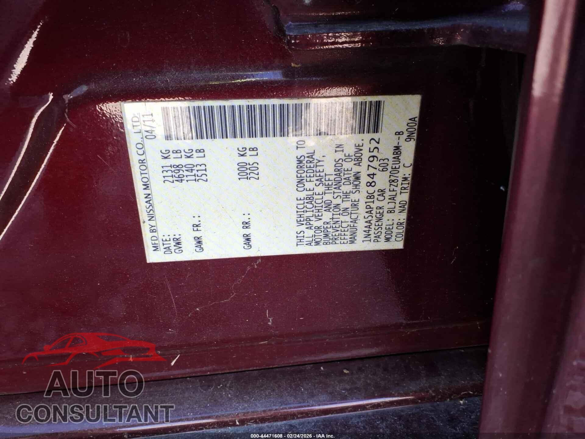 NISSAN MAXIMA 2011 - 1N4AA5AP1BC847952