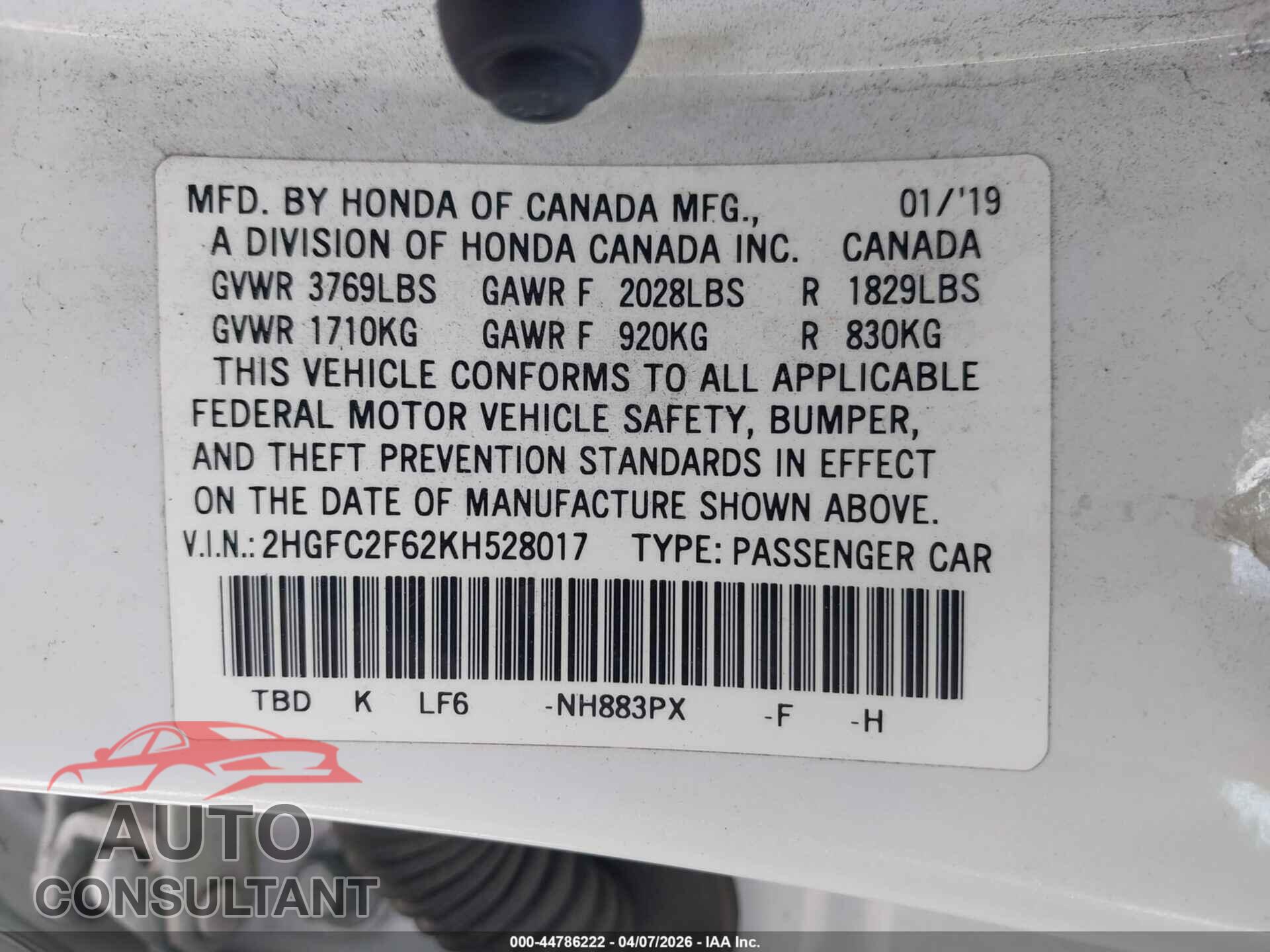HONDA CIVIC 2019 - 2HGFC2F62KH528017