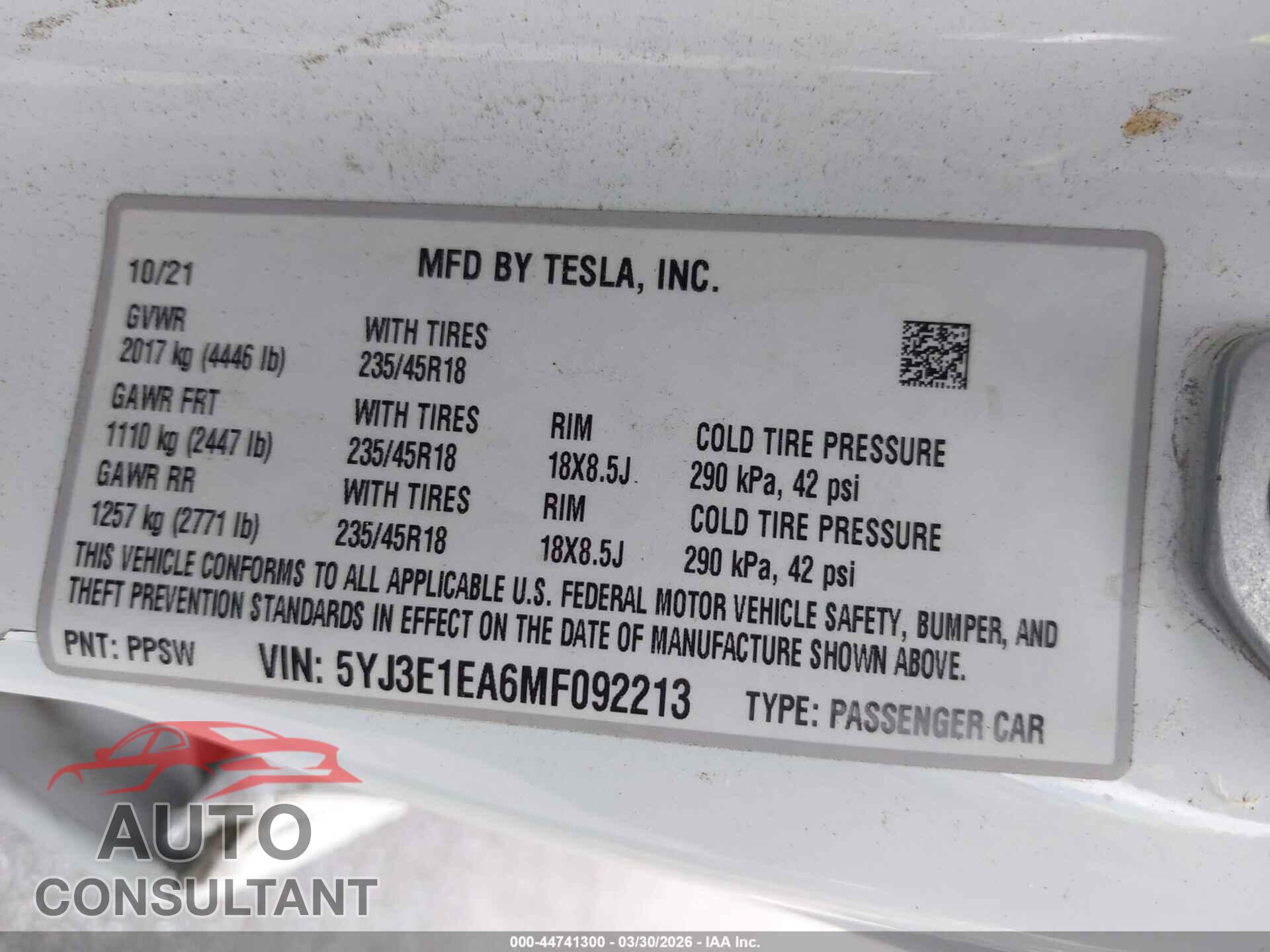 TESLA MODEL 3 2021 - 5YJ3E1EA6MF092213
