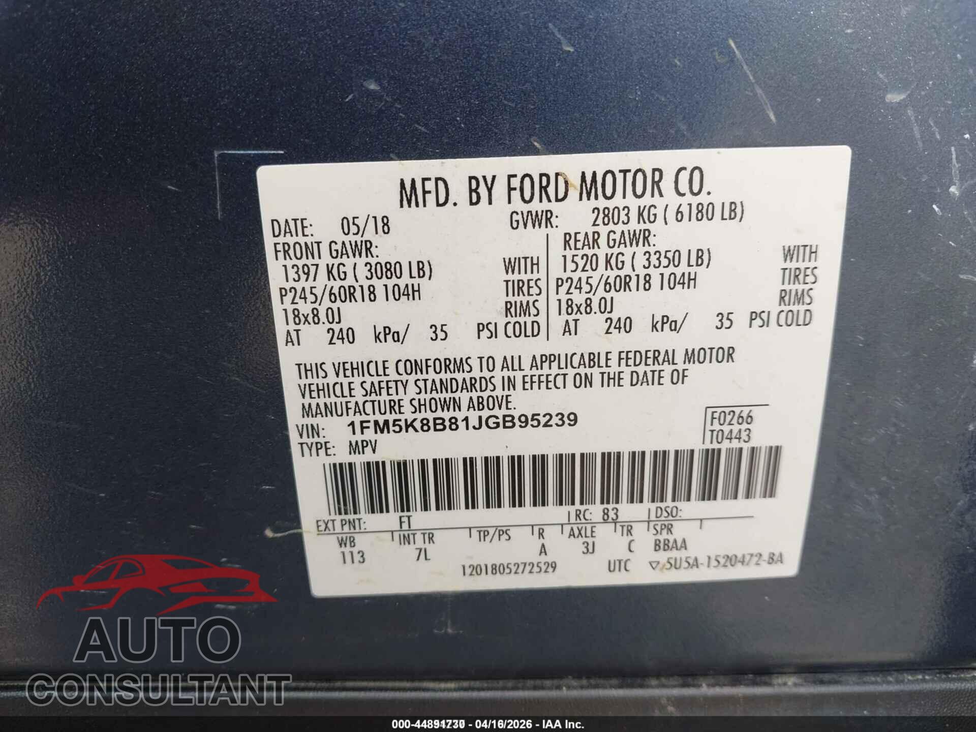 FORD EXPLORER 2018 - 1FM5K8B81JGB95239