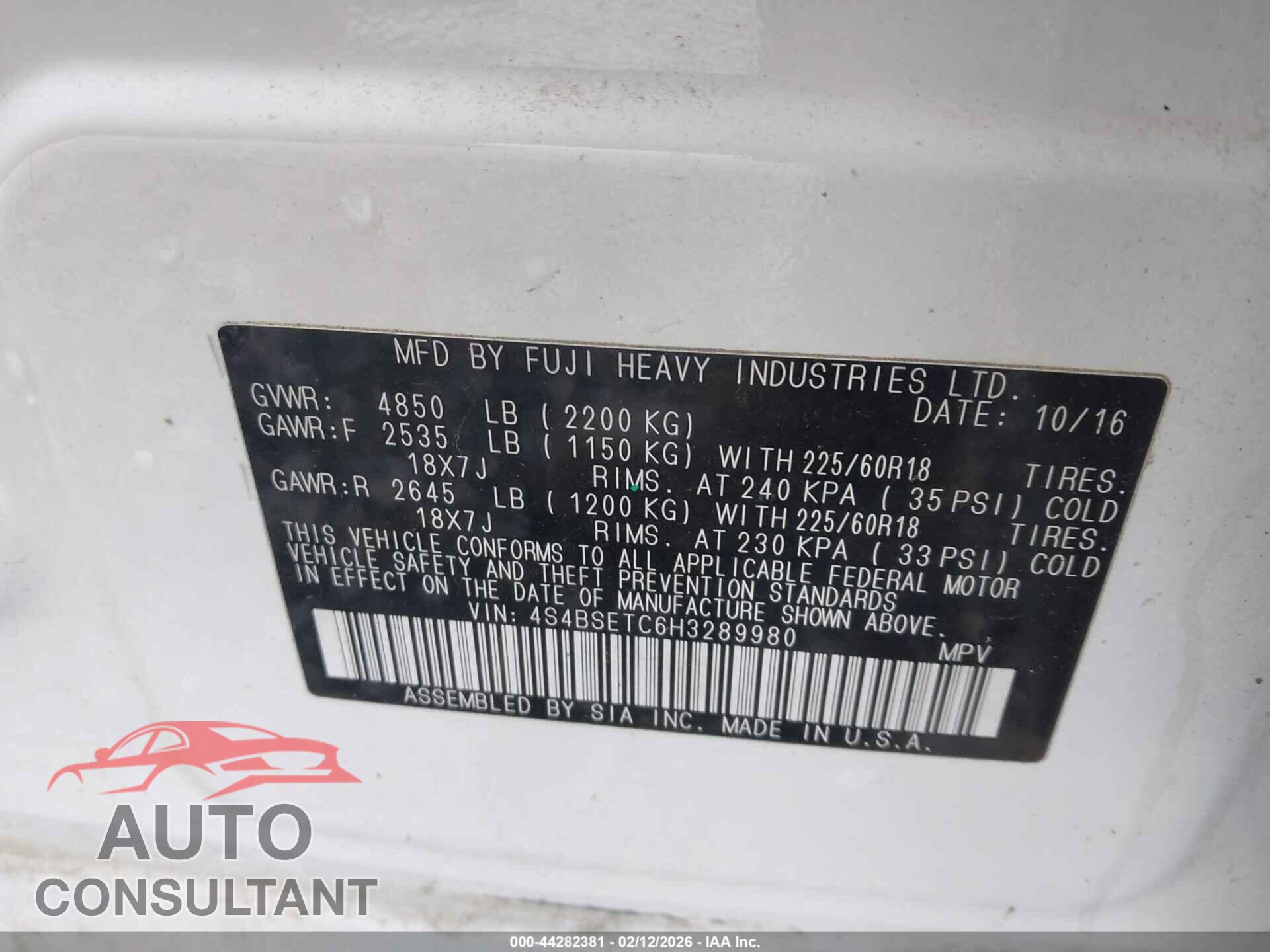 SUBARU OUTBACK 2017 - 4S4BSETC6H3289980