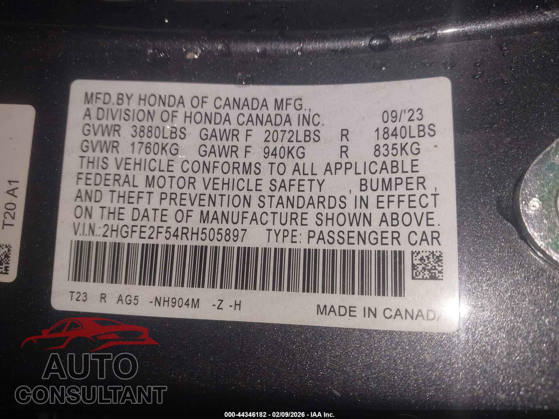 HONDA CIVIC 2024 - 2HGFE2F54RH505897