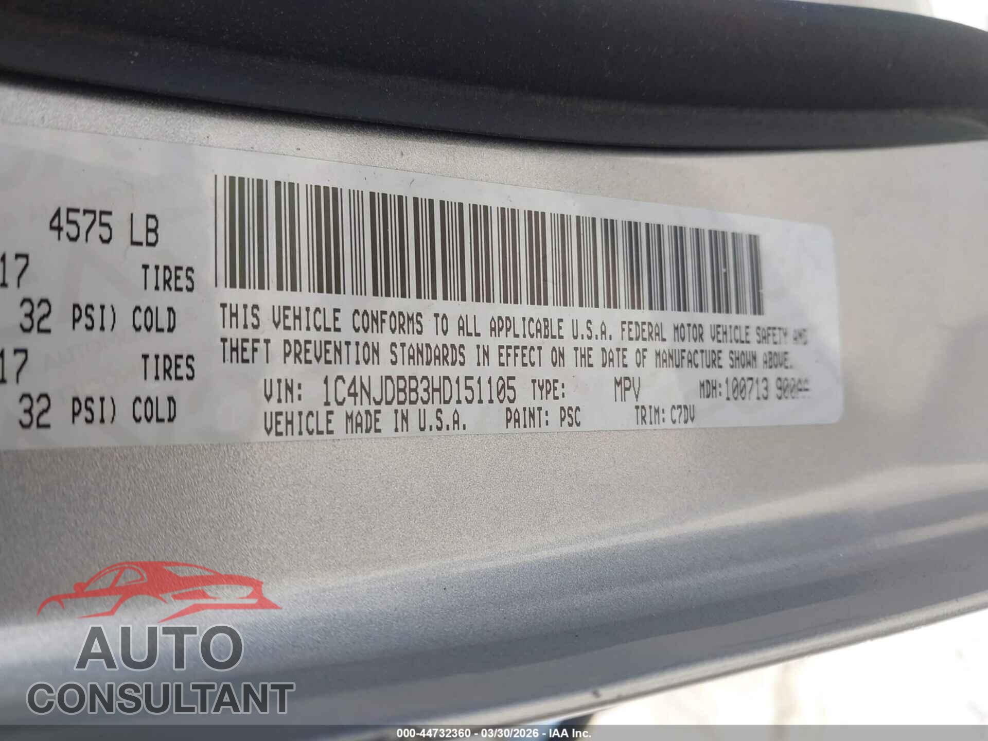 JEEP COMPASS 2017 - 1C4NJDBB3HD151105