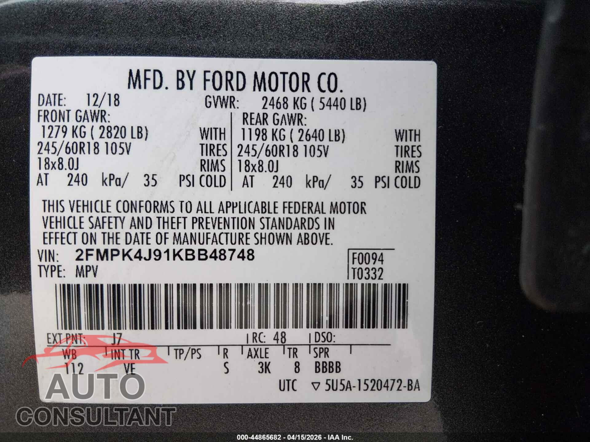 FORD EDGE 2019 - 2FMPK4J91KBB48748