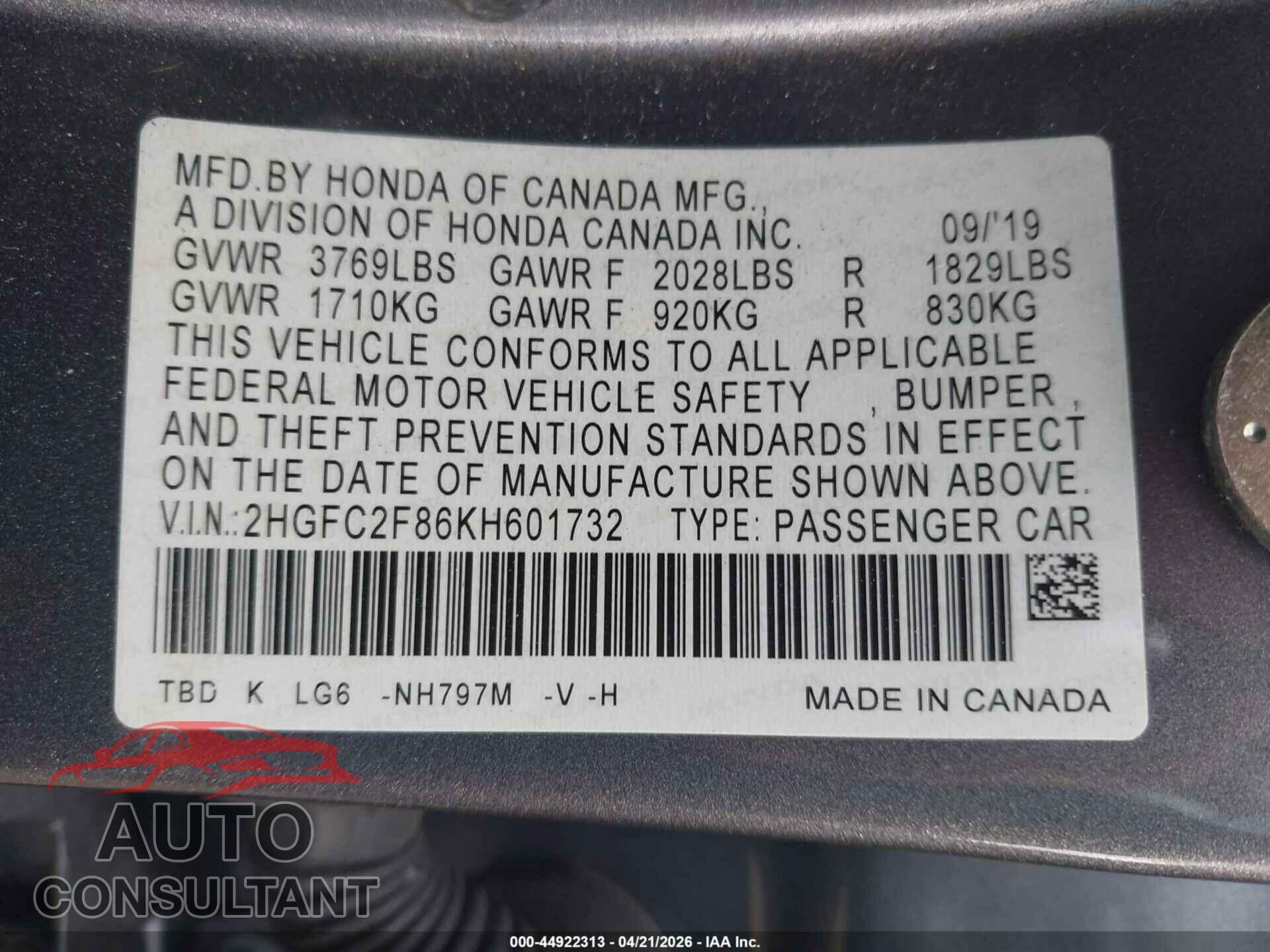 HONDA CIVIC 2019 - 2HGFC2F86KH601732