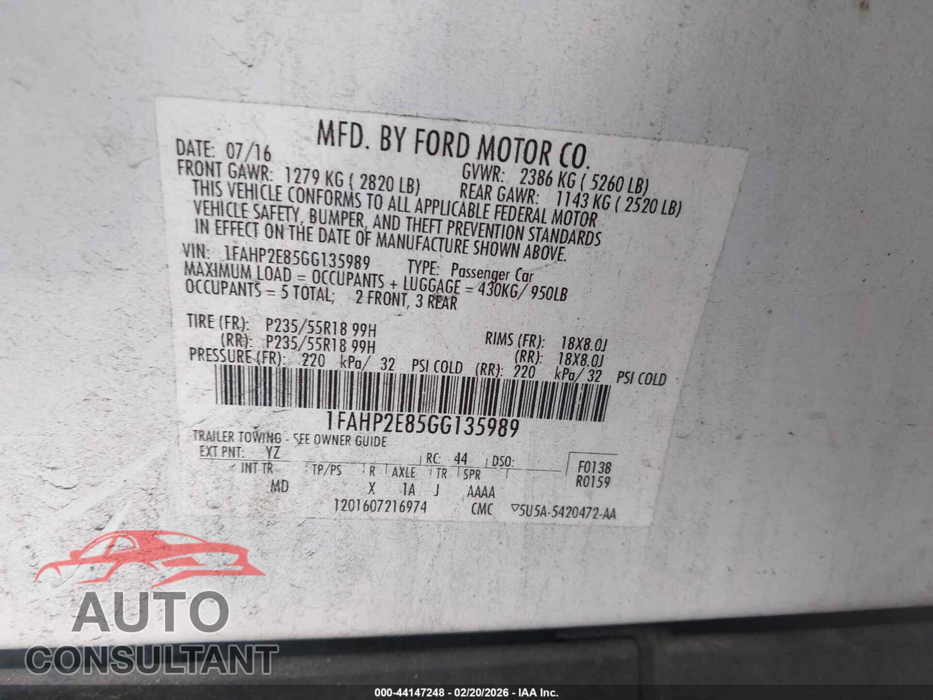 FORD TAURUS 2016 - 1FAHP2E85GG135989