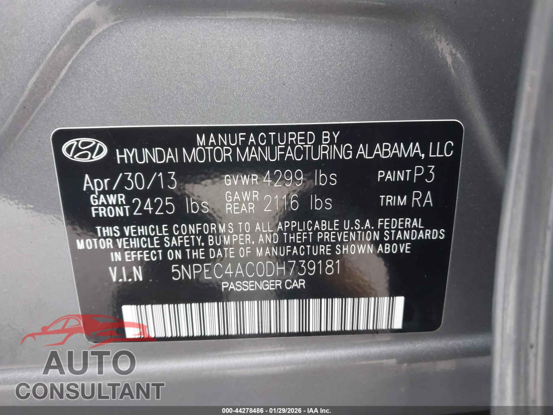 HYUNDAI SONATA 2013 - 5NPEC4AC0DH739181