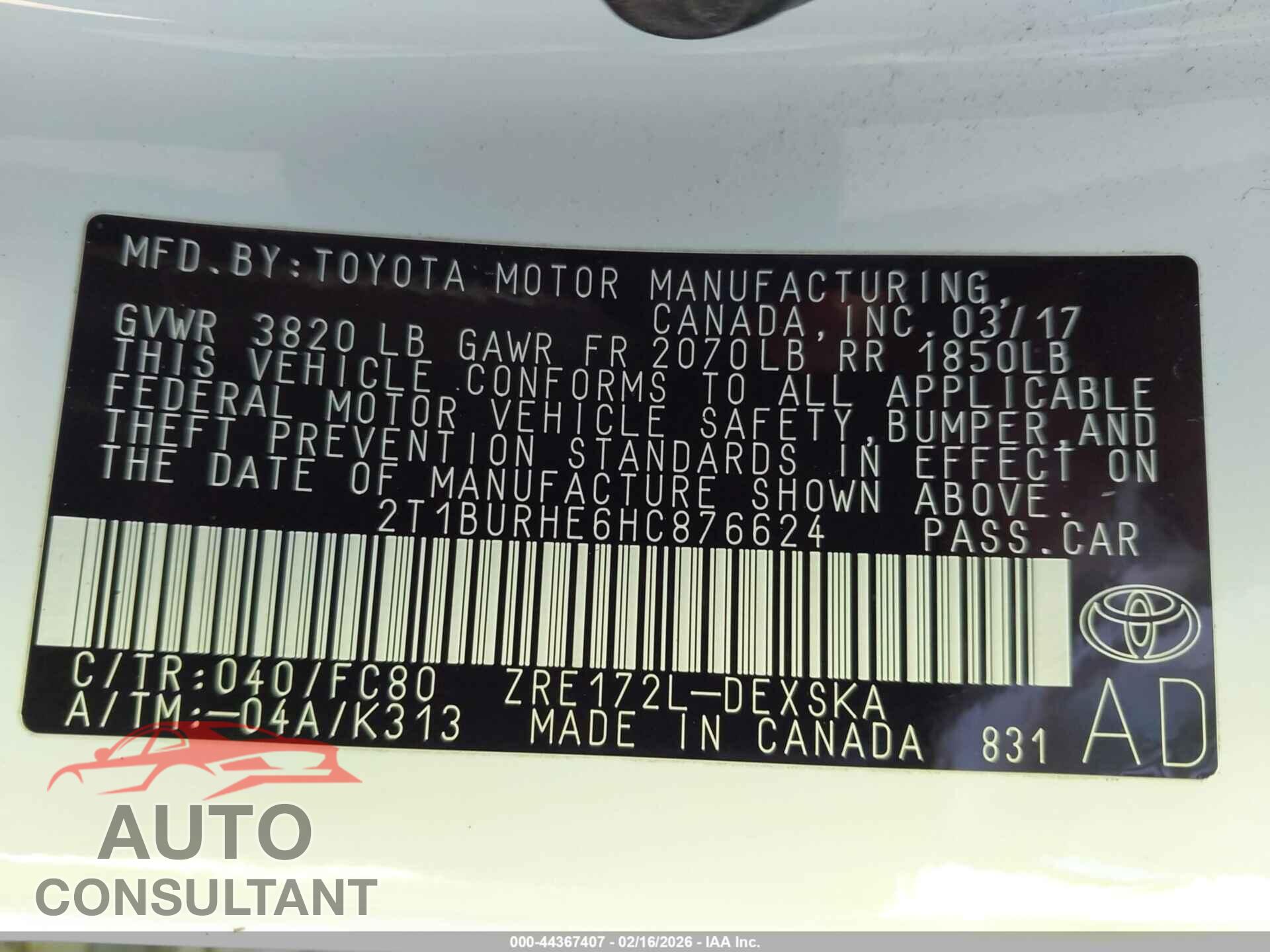 TOYOTA COROLLA 2017 - 2T1BURHE6HC876624
