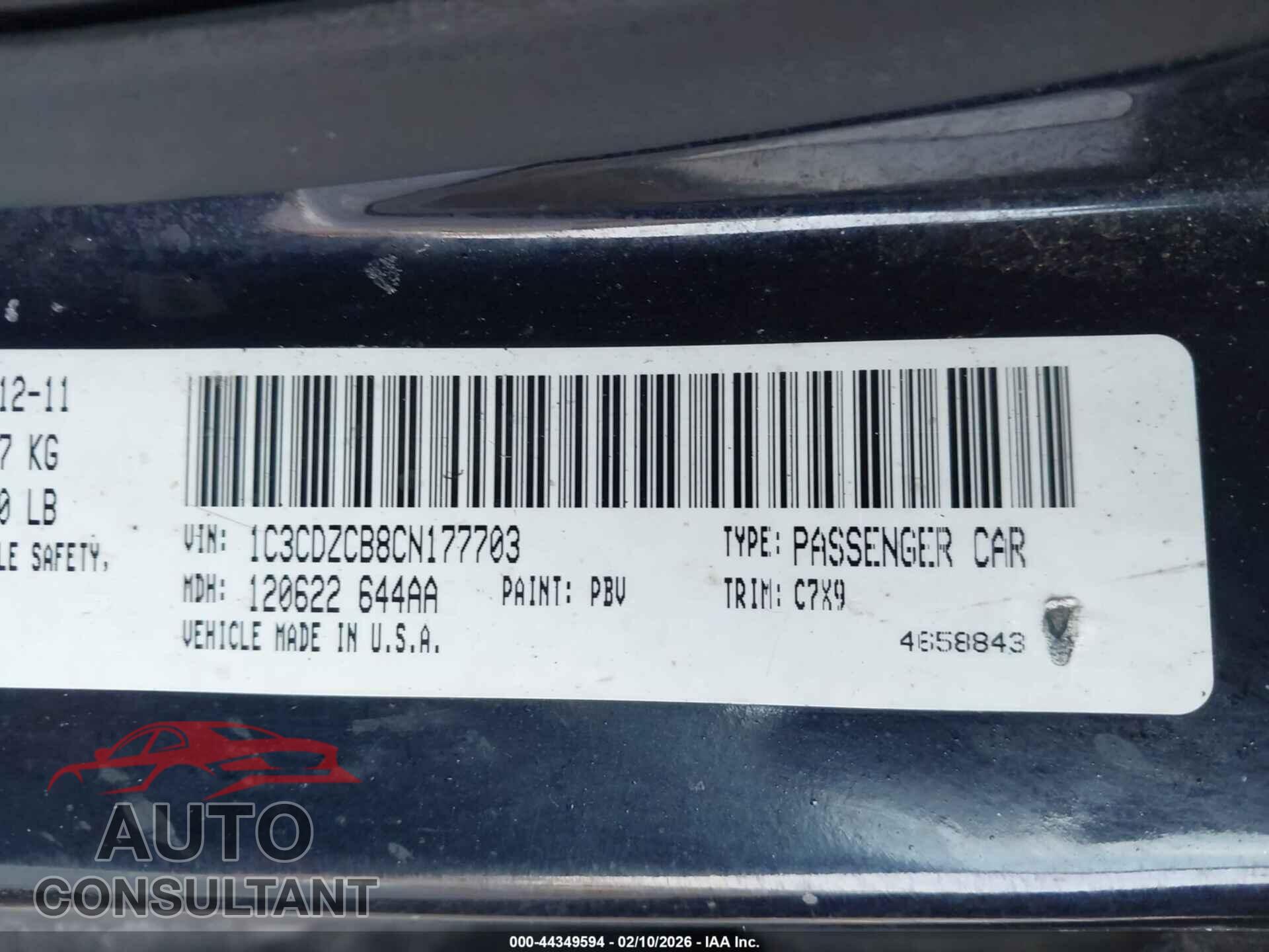 DODGE AVENGER 2012 - 1C3CDZCB8CN177703