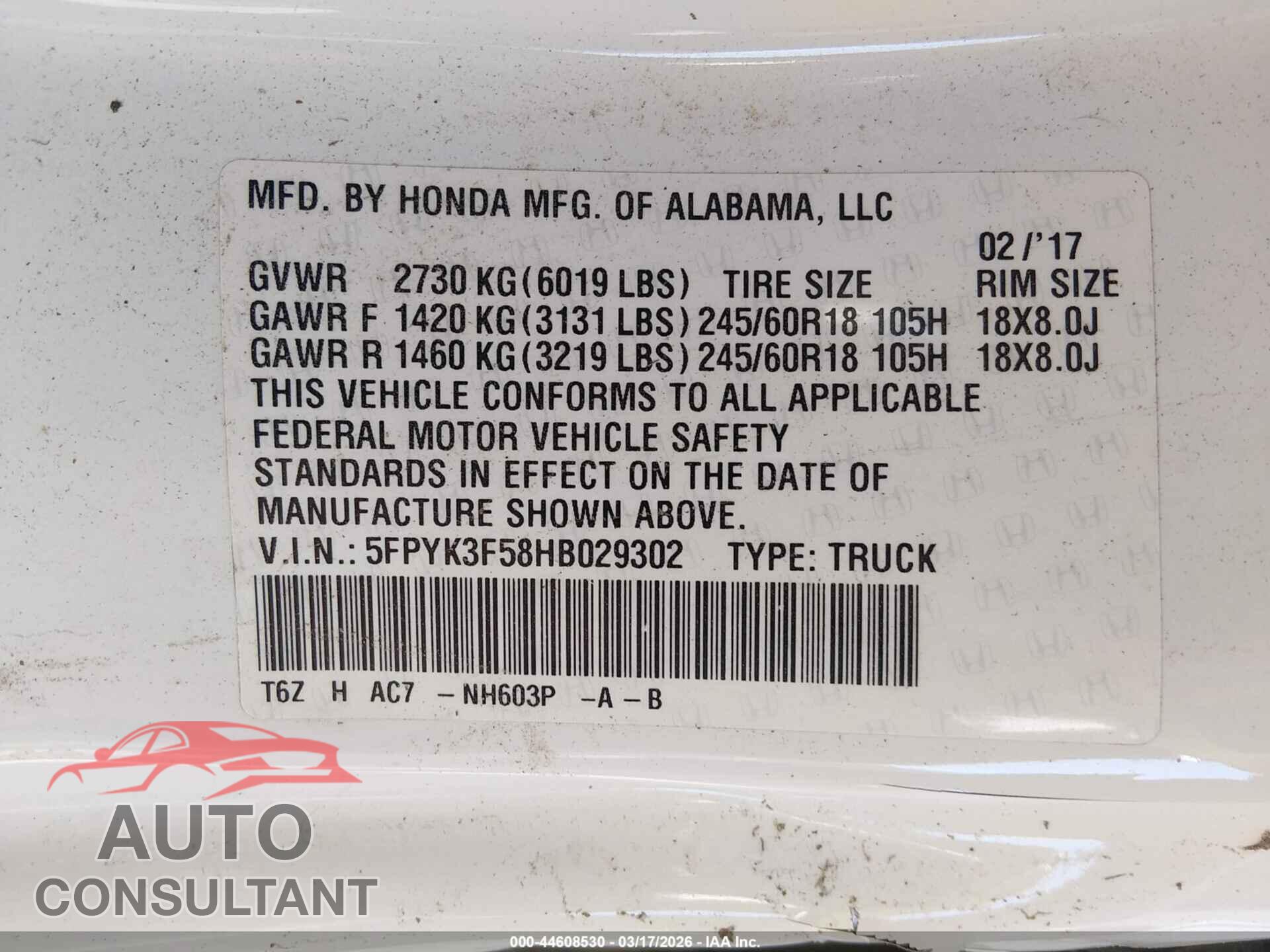 HONDA RIDGELINE 2017 - 5FPYK3F58HB029302