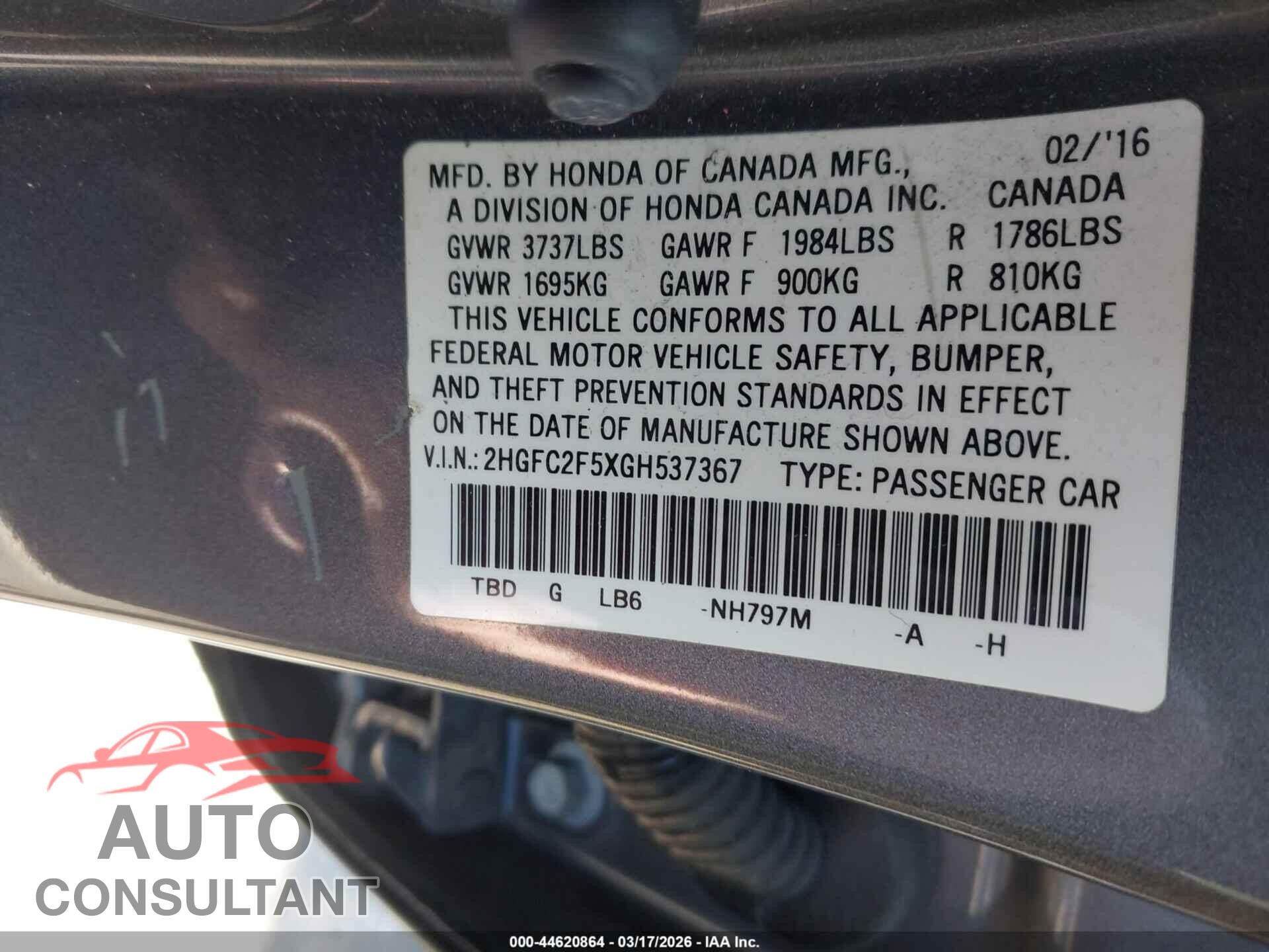 HONDA CIVIC 2016 - 2HGFC2F5XGH537367