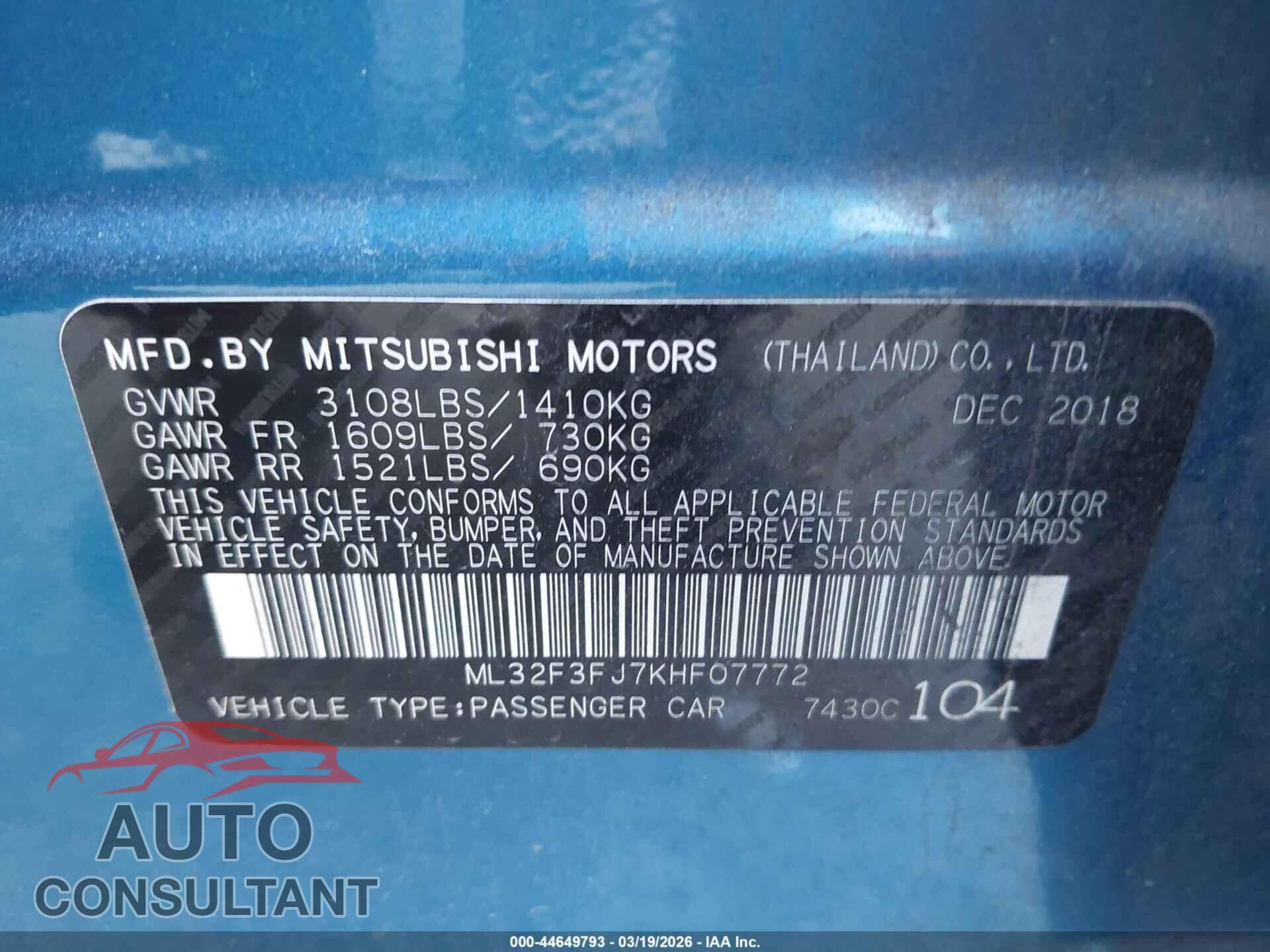 MITSUBISHI MIRAGE G4 2019 - ML32F3FJ7KHF07772