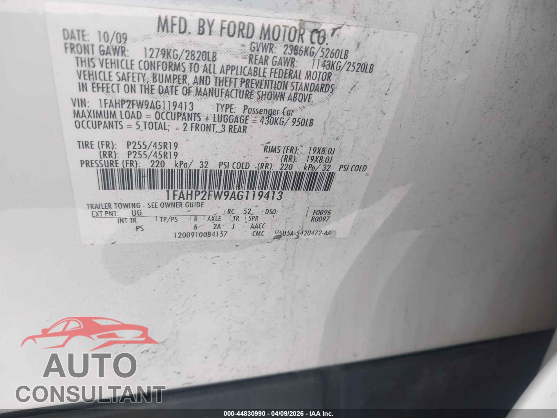 FORD TAURUS 2010 - 1FAHP2FW9AG119413