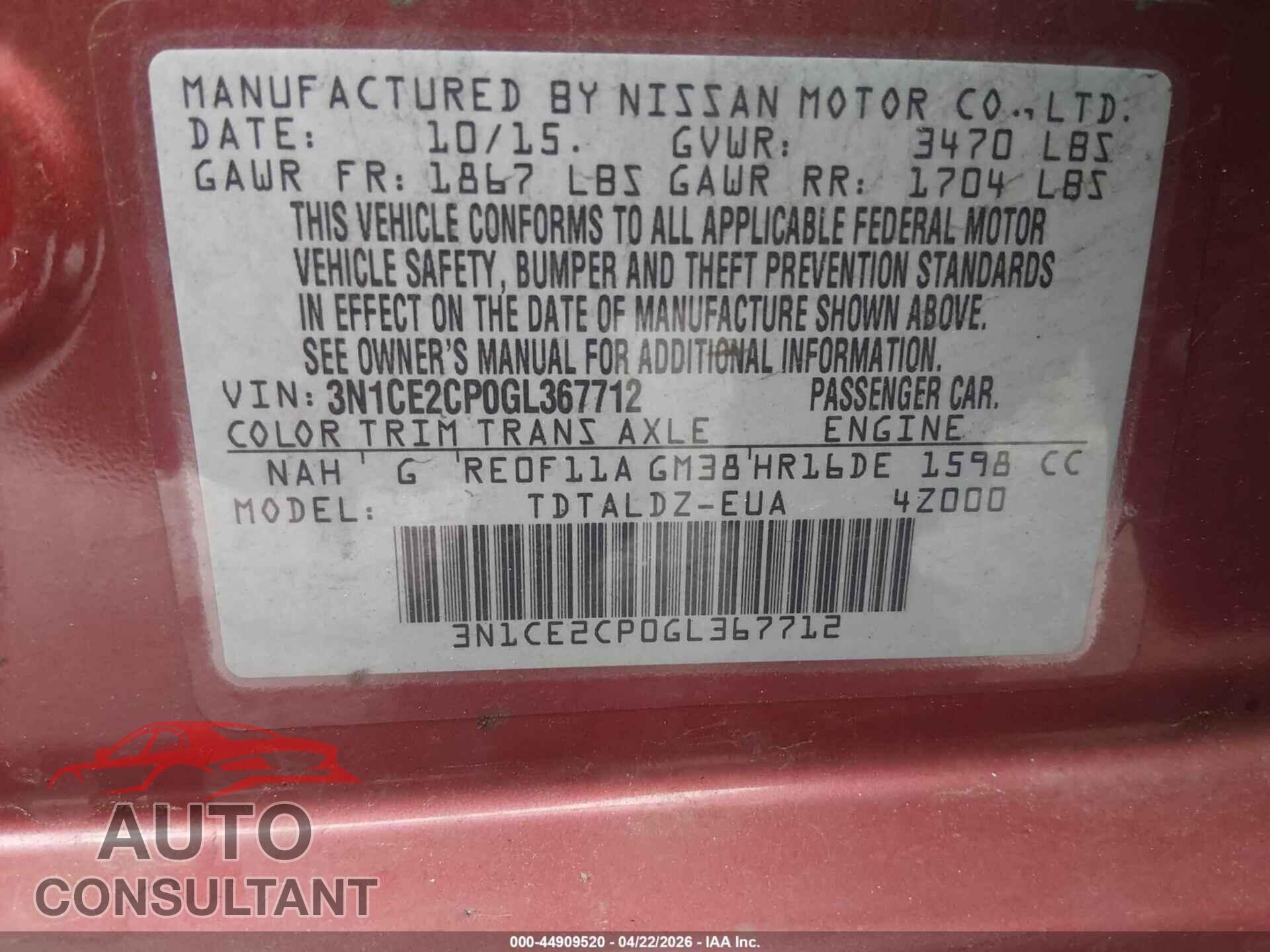 NISSAN VERSA NOTE 2016 - 3N1CE2CP0GL367712