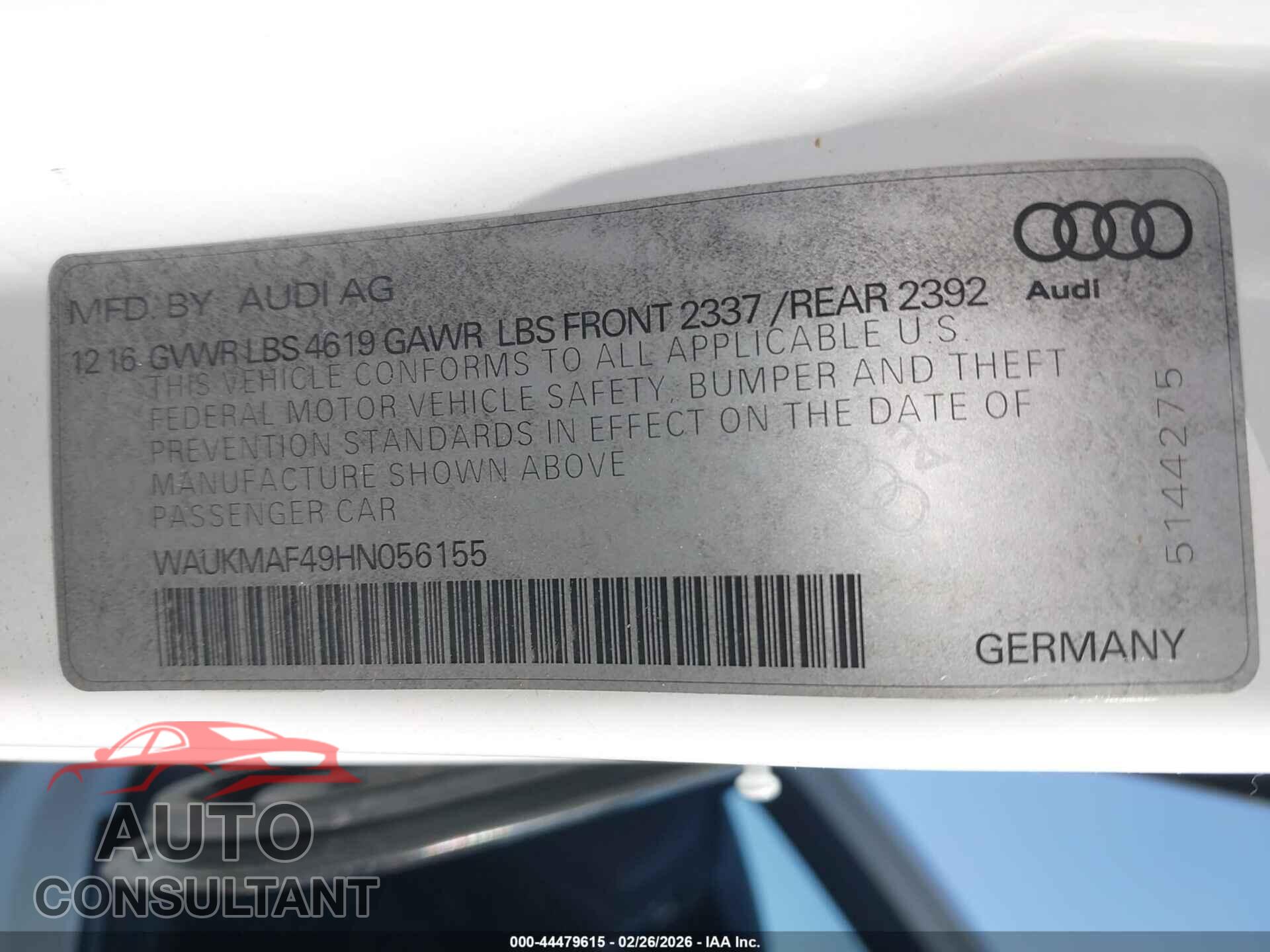AUDI A4 2017 - WAUKMAF49HN056155