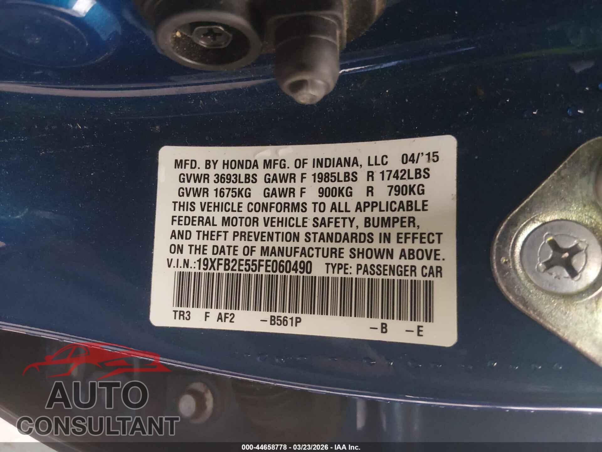 HONDA CIVIC 2015 - 19XFB2E55FE060490