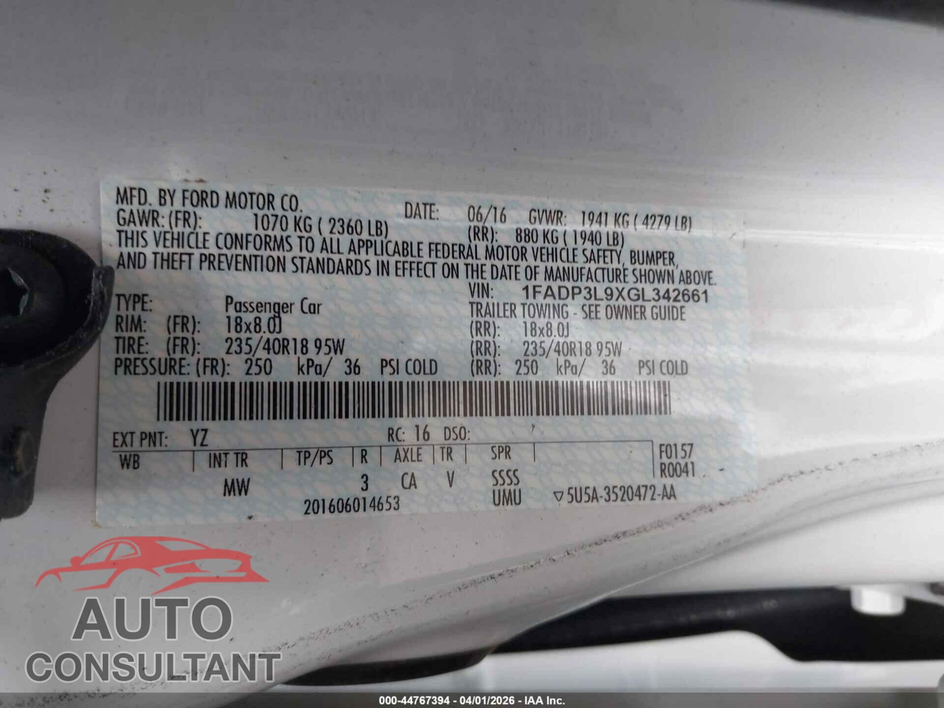 FORD FOCUS ST 2016 - 1FADP3L9XGL342661
