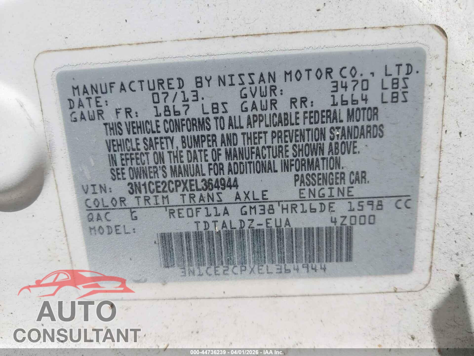NISSAN VERSA NOTE 2014 - 3N1CE2CPXEL364944