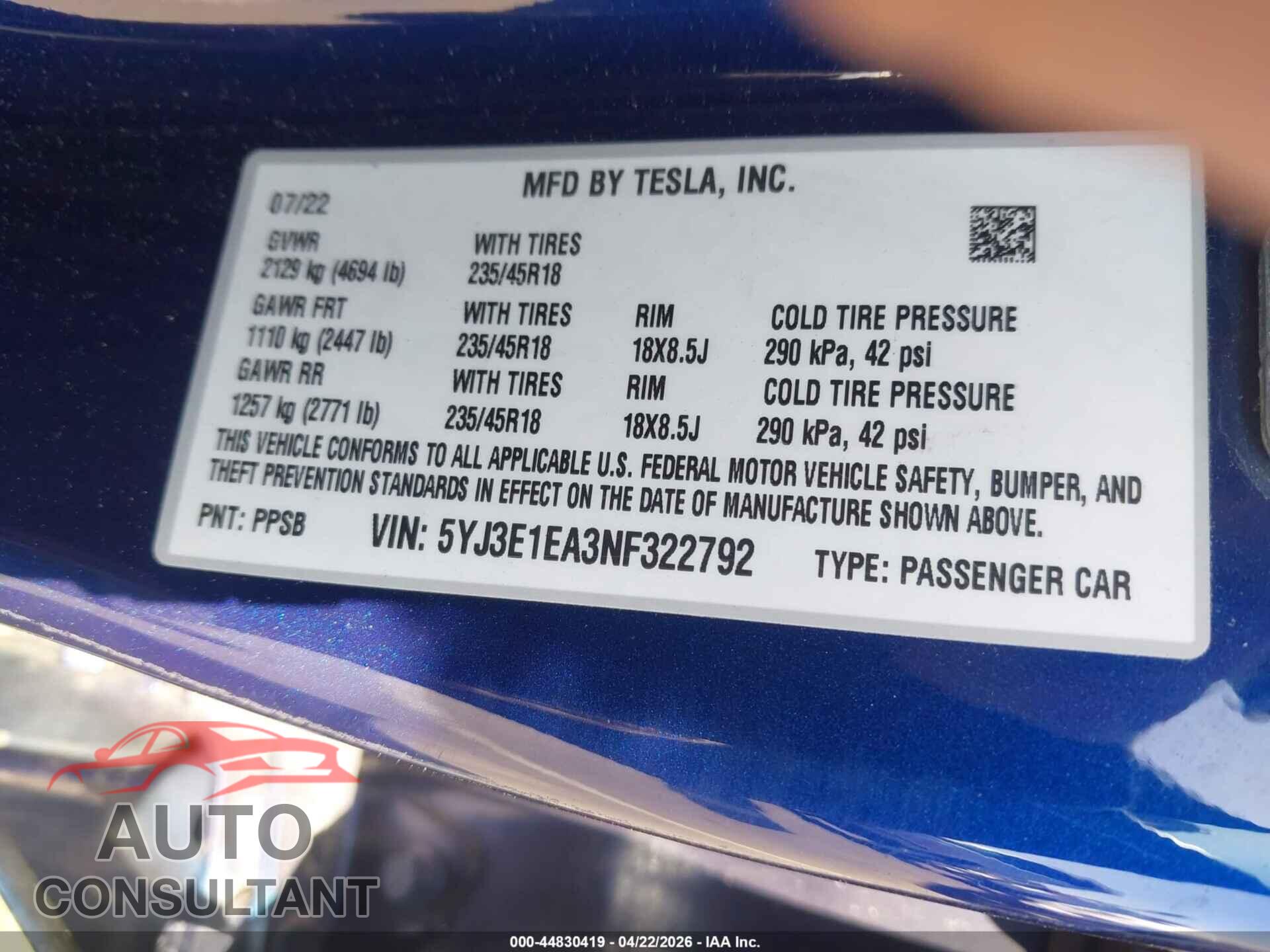 TESLA MODEL 3 2022 - 5YJ3E1EA3NF322792