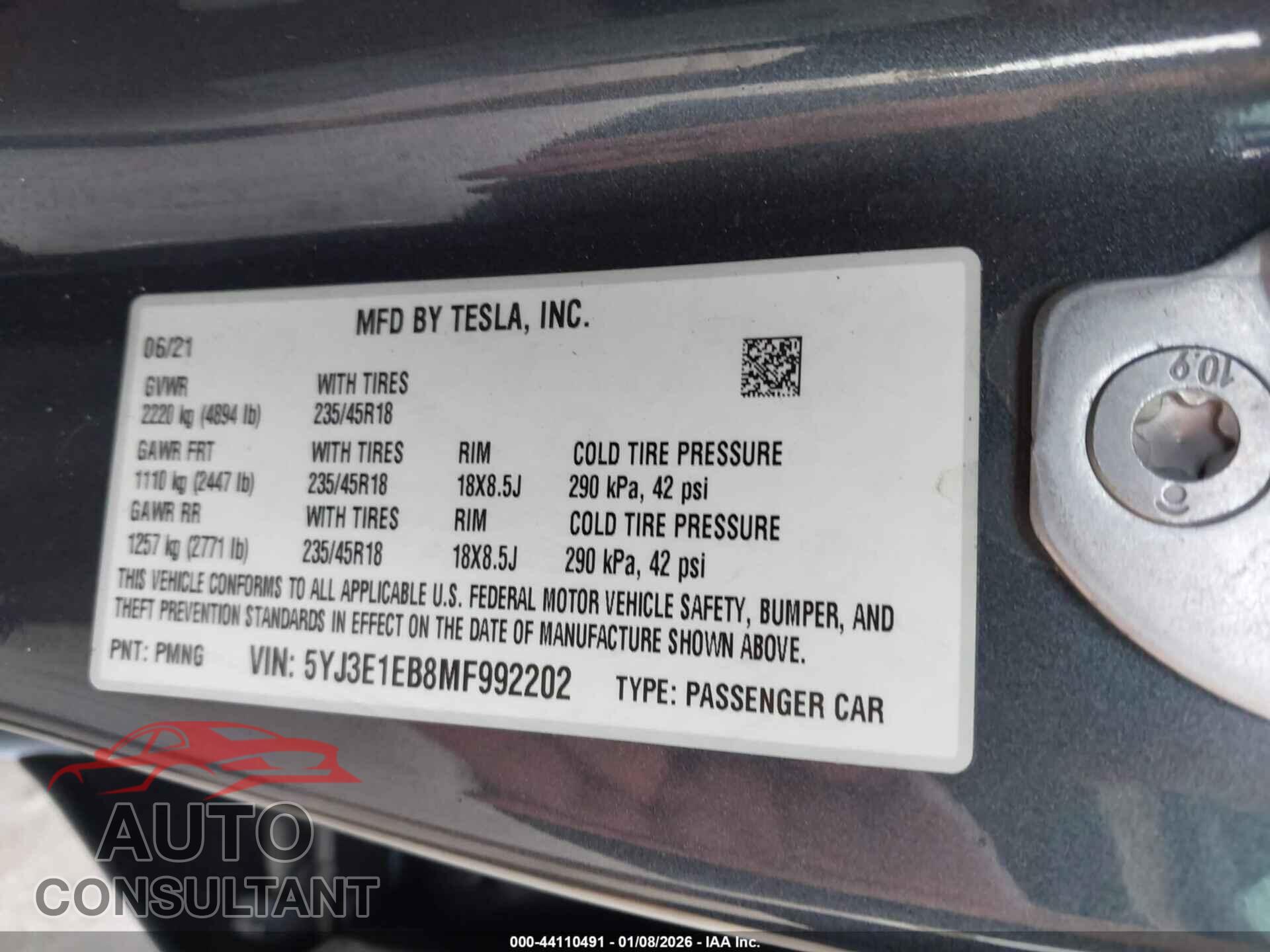TESLA MODEL 3 2021 - 5YJ3E1EB8MF992202