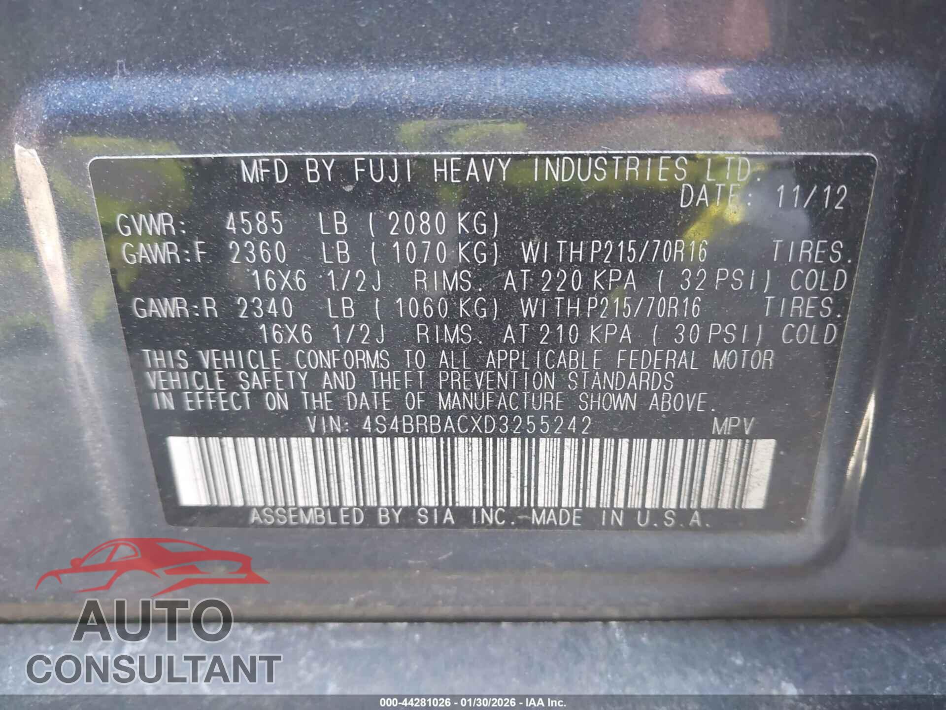 SUBARU OUTBACK 2013 - 4S4BRBACXD3255242