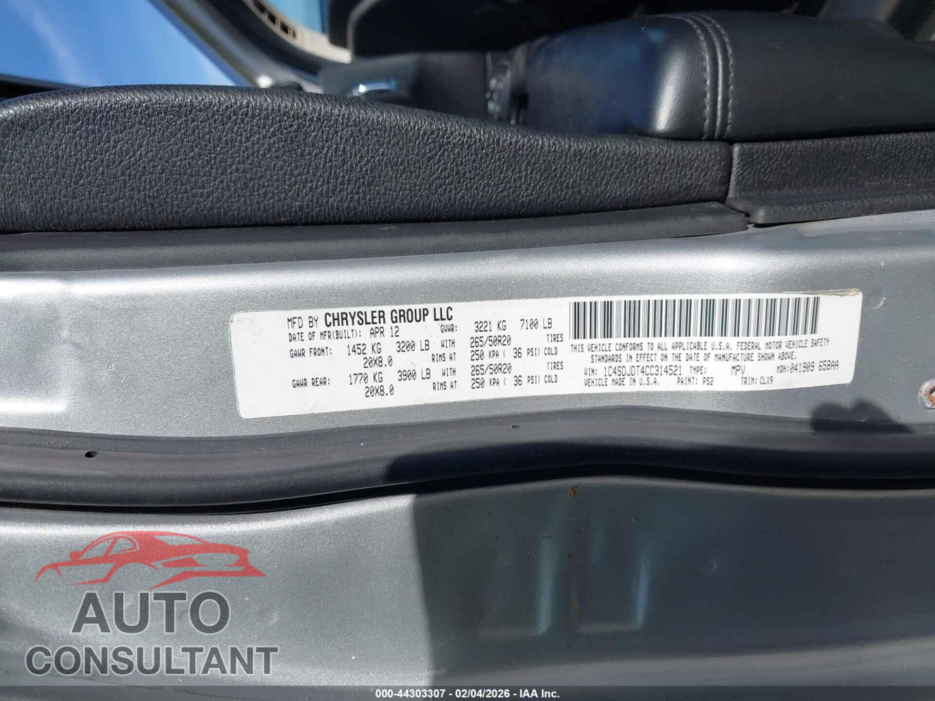 DODGE DURANGO 2012 - 1C4SDJDT4CC314521