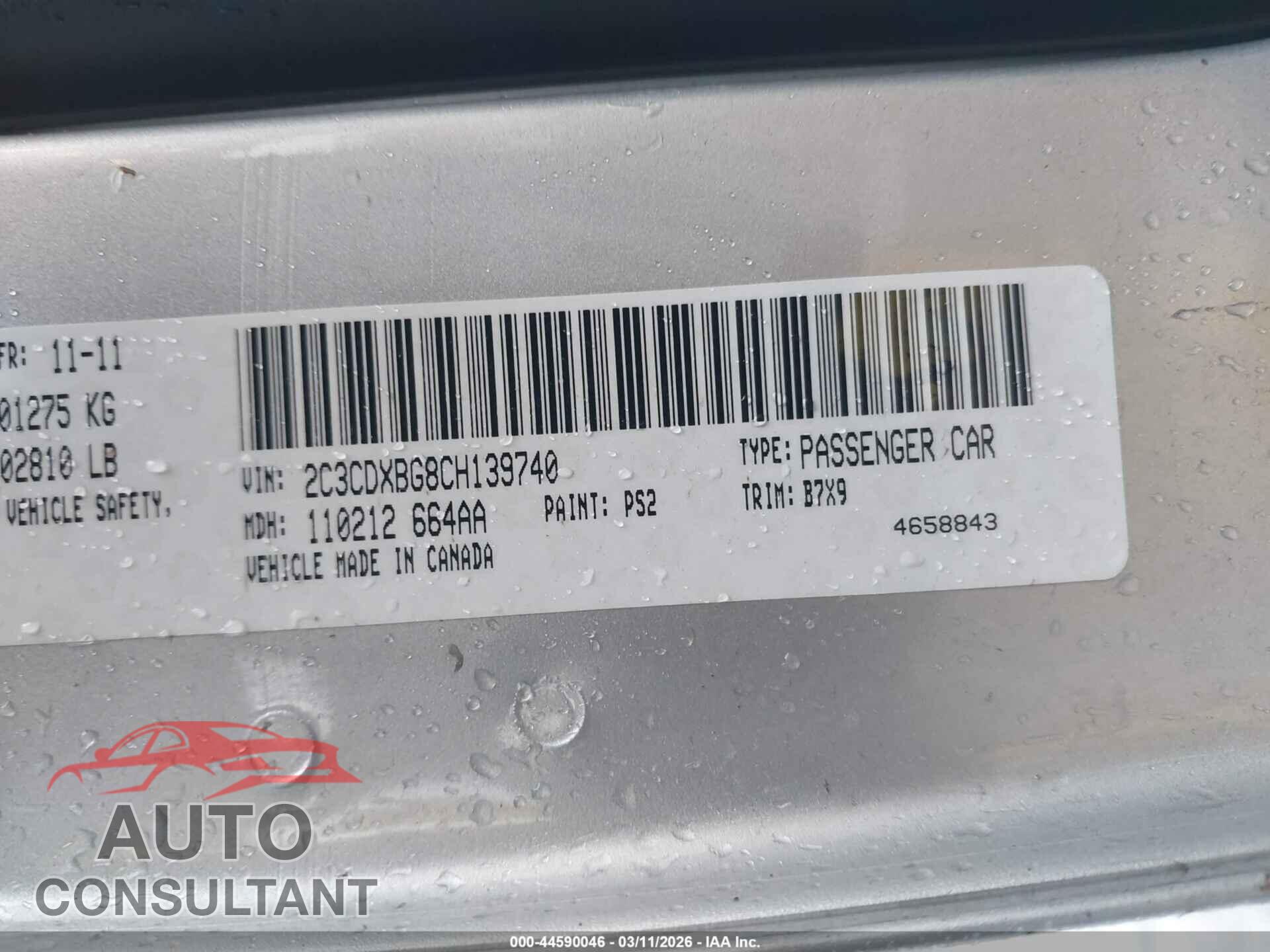 DODGE CHARGER 2012 - 2C3CDXBG8CH139740