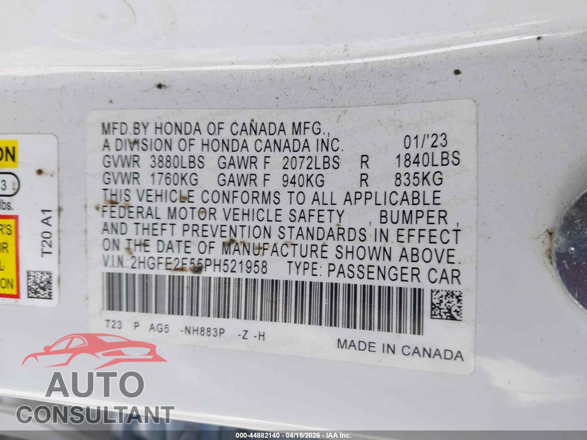 HONDA CIVIC 2023 - 2HGFE2F55PH521958