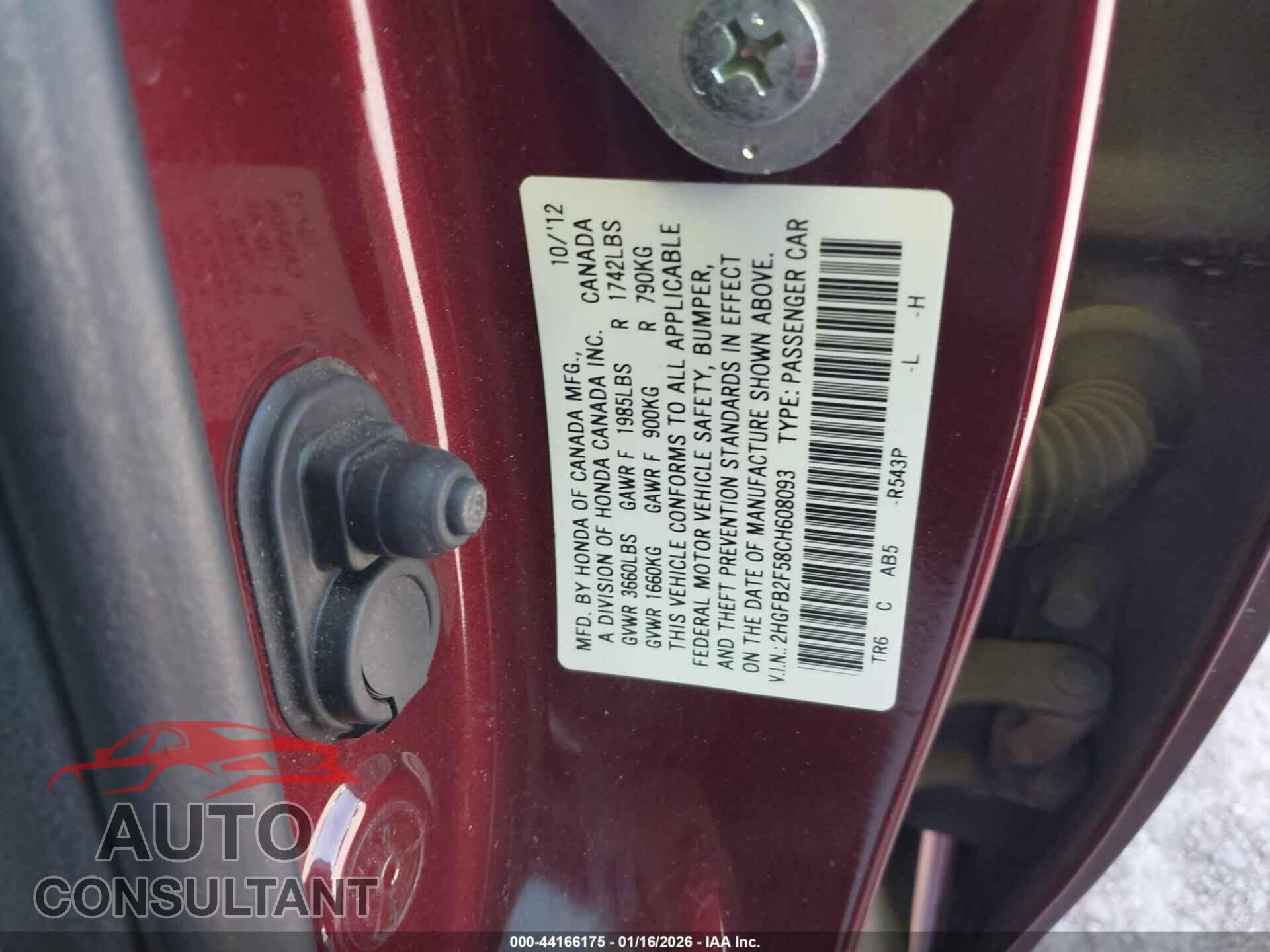 HONDA CIVIC 2012 - 2HGFB2F58CH608093