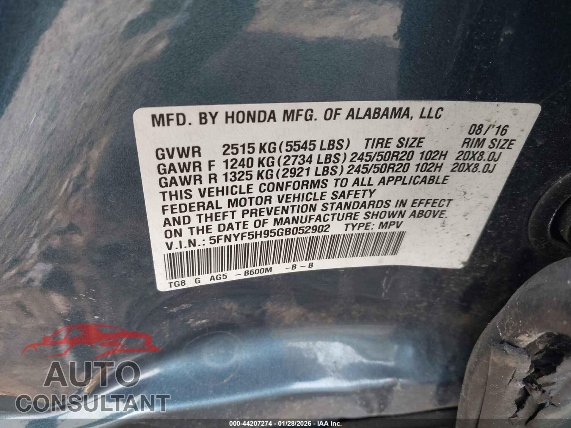 HONDA PILOT 2016 - 5FNYF5H95GB052902