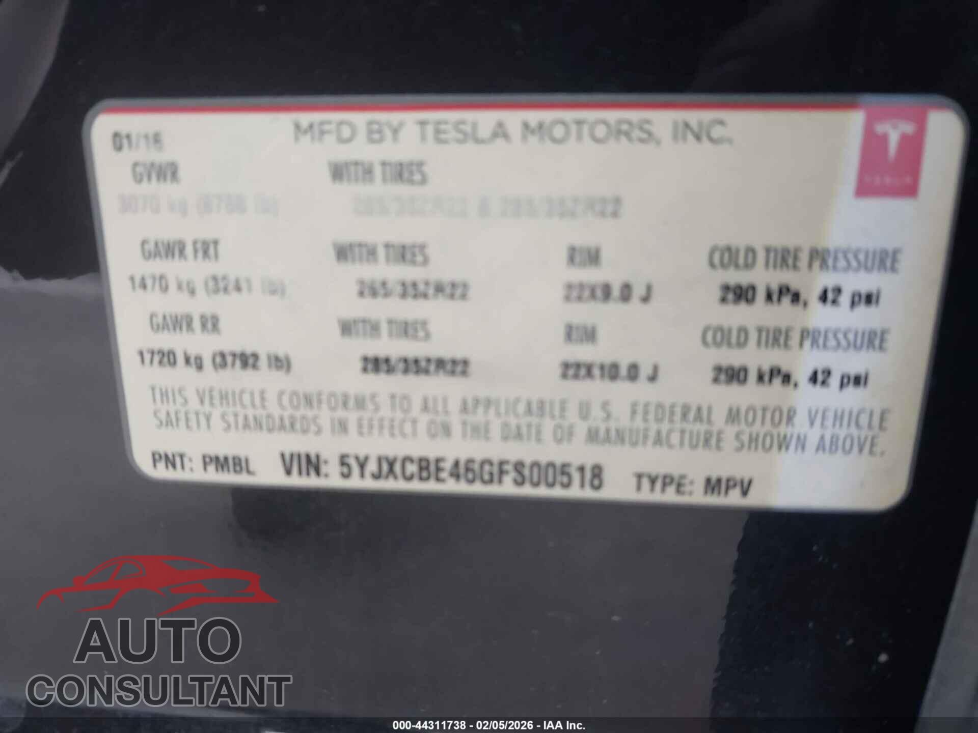 TESLA MODEL X 2016 - 5YJXCBE46GFS00518