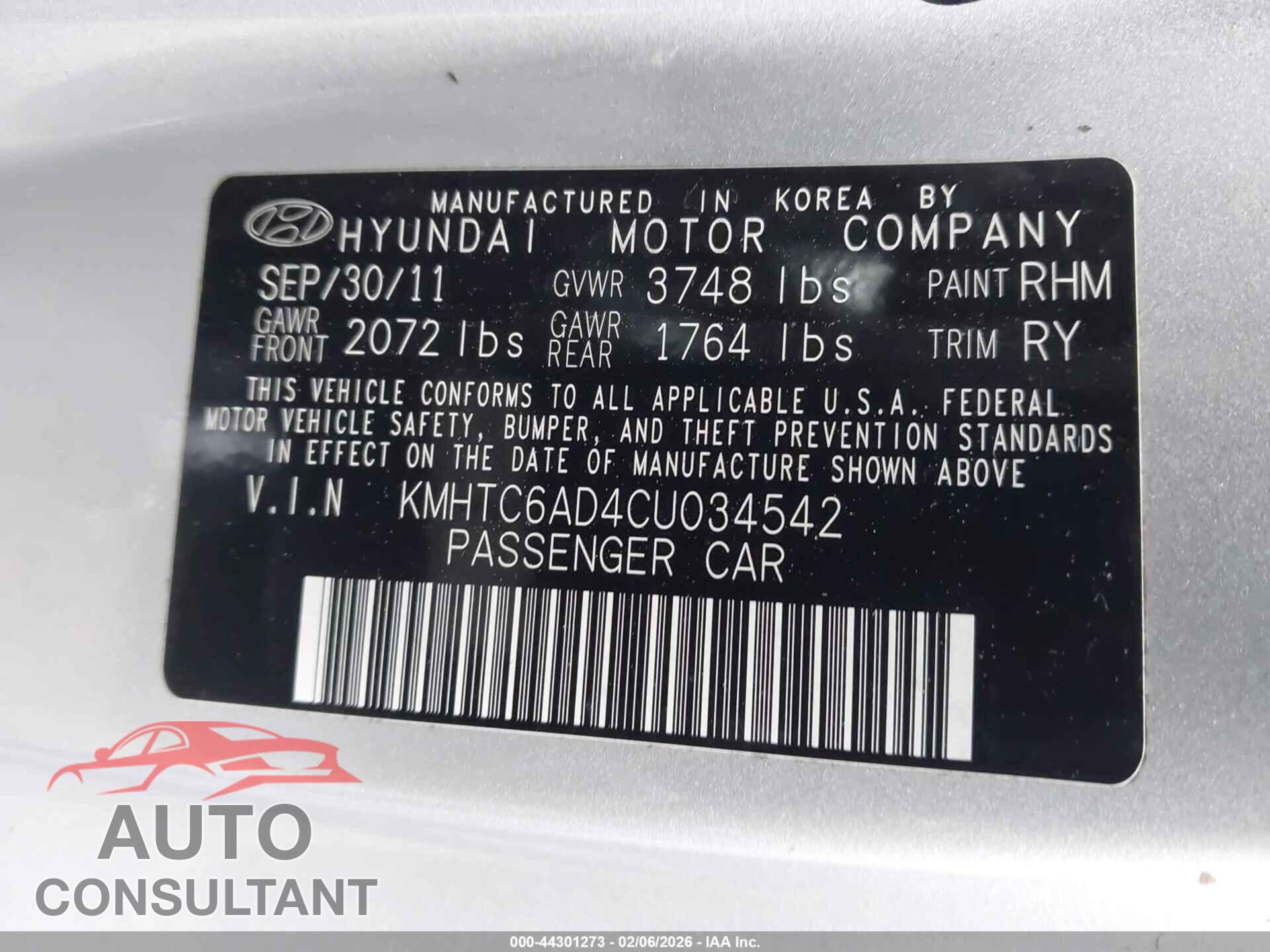 HYUNDAI VELOSTER 2012 - KMHTC6AD4CU034542