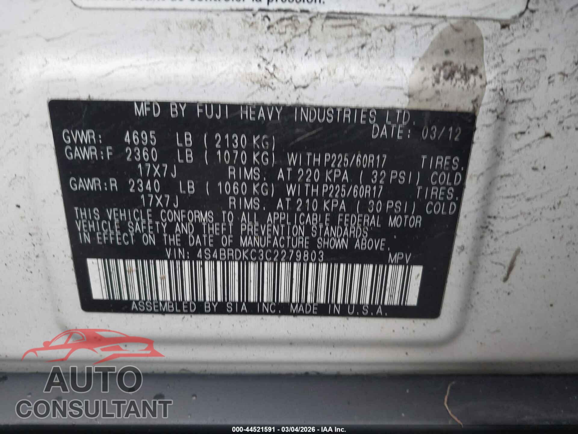 SUBARU OUTBACK 2012 - 4S4BRDKC3C2279803