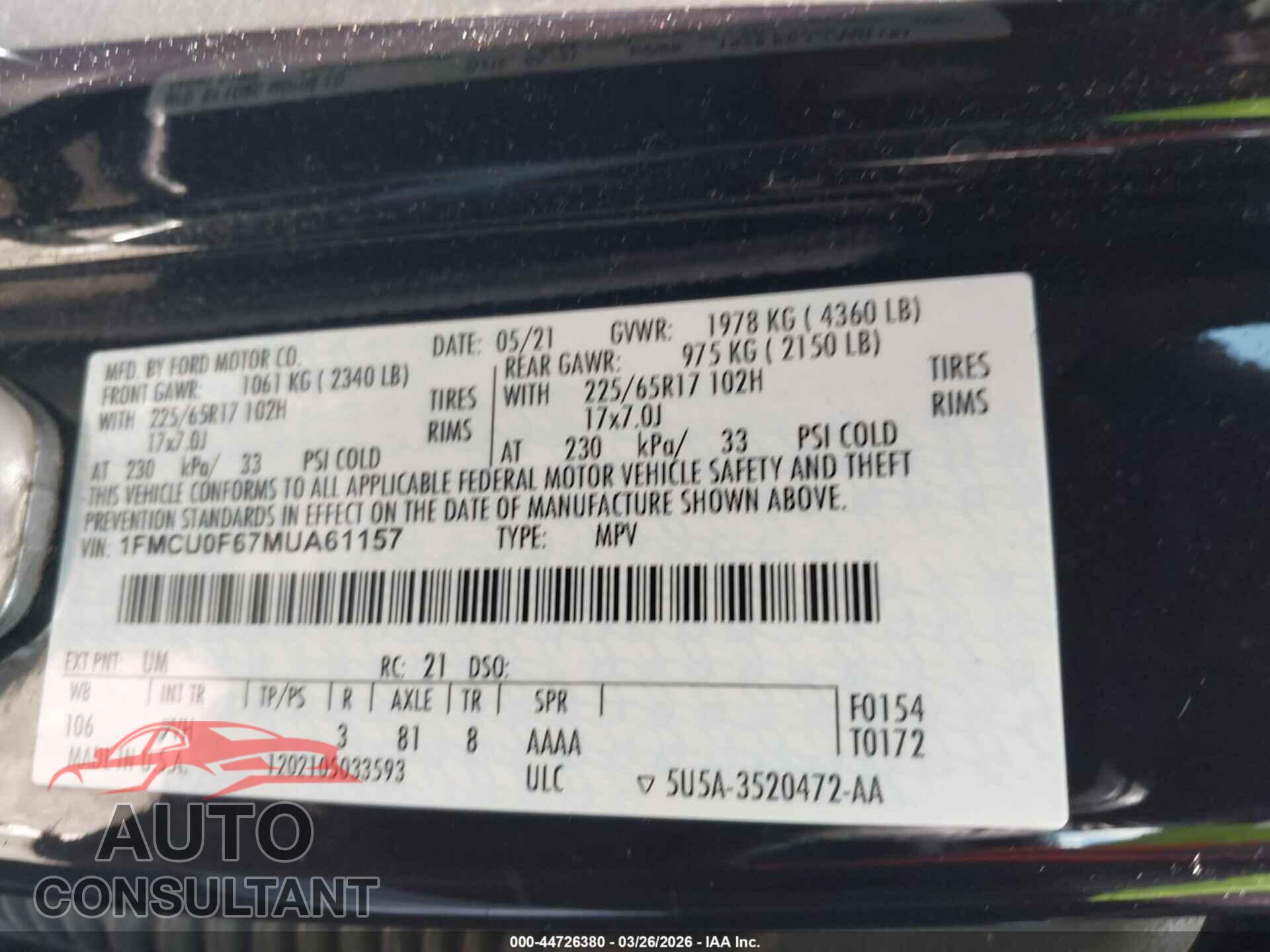 FORD ESCAPE 2021 - 1FMCU0F67MUA61157