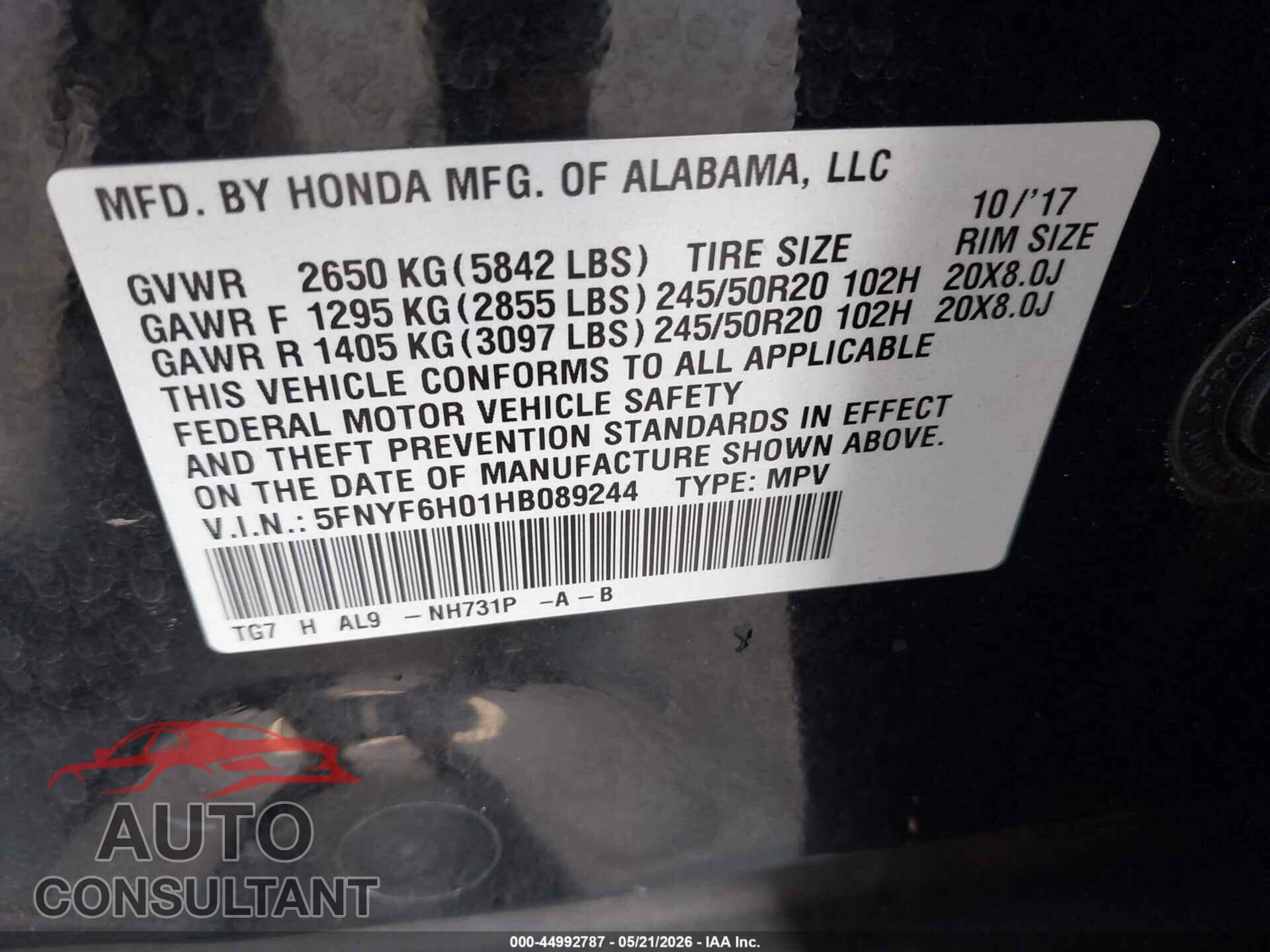 HONDA PILOT 2017 - 5FNYF6H01HB089244