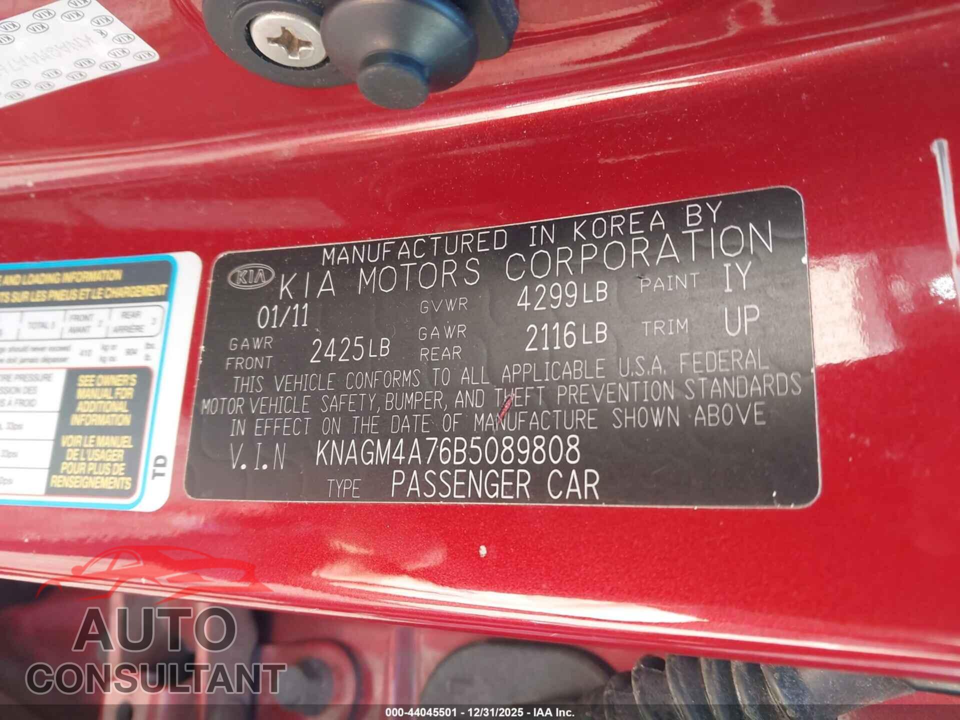 KIA OPTIMA 2011 - KNAGM4A76B5089808