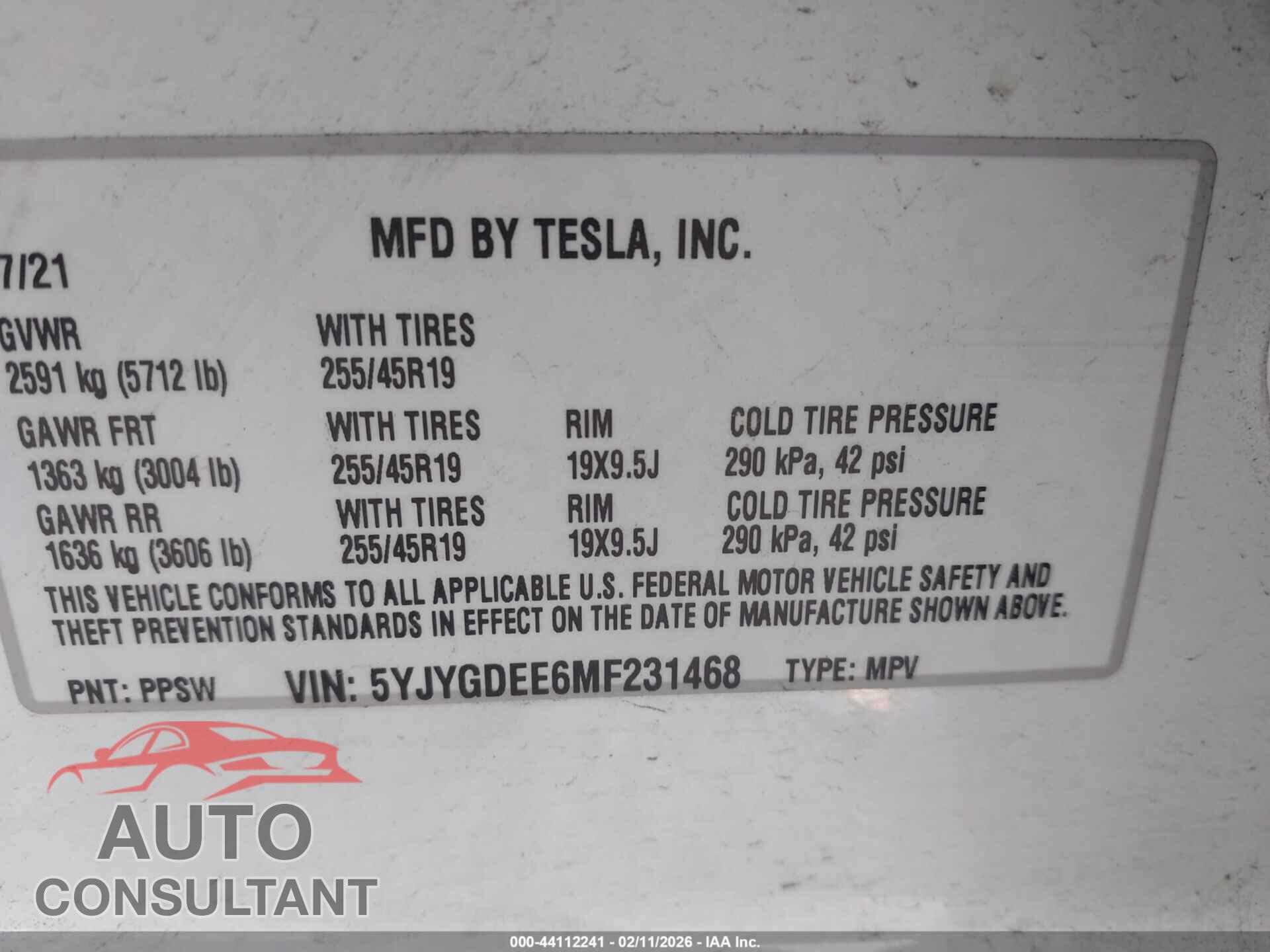TESLA MODEL Y 2021 - 5YJYGDEE6MF231468