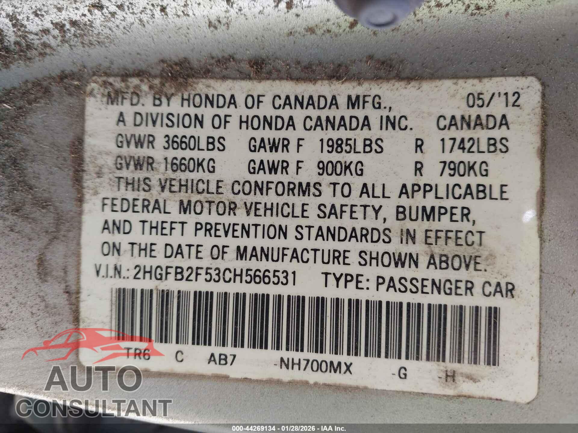 HONDA CIVIC 2012 - 2HGFB2F53CH566531