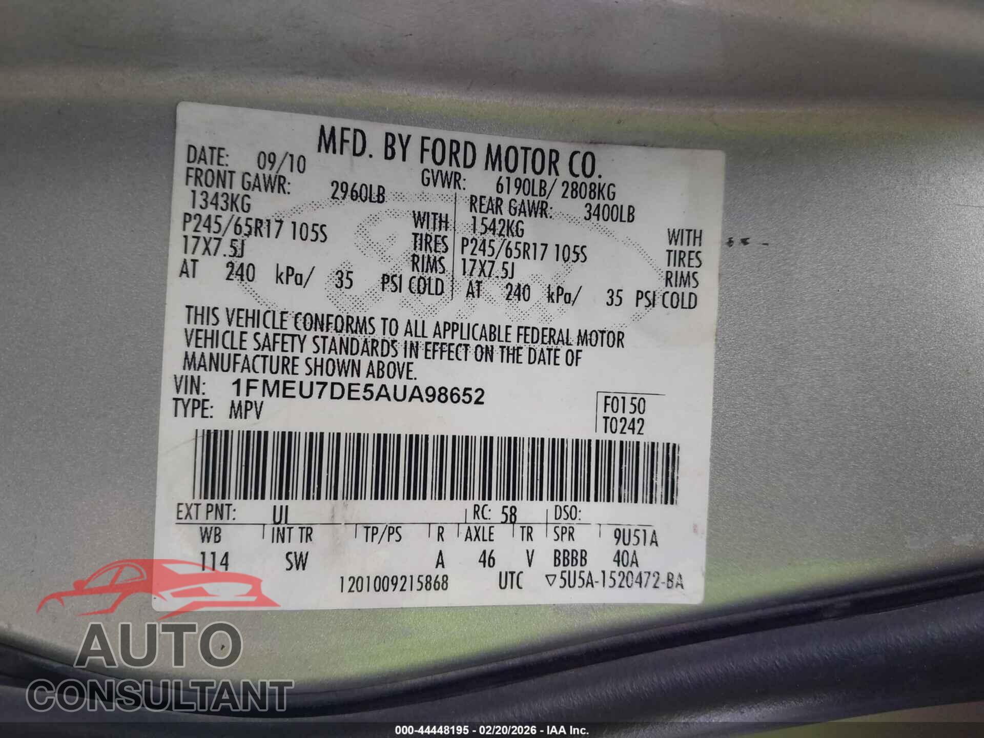 FORD EXPLORER 2010 - 1FMEU7DE5AUA98652