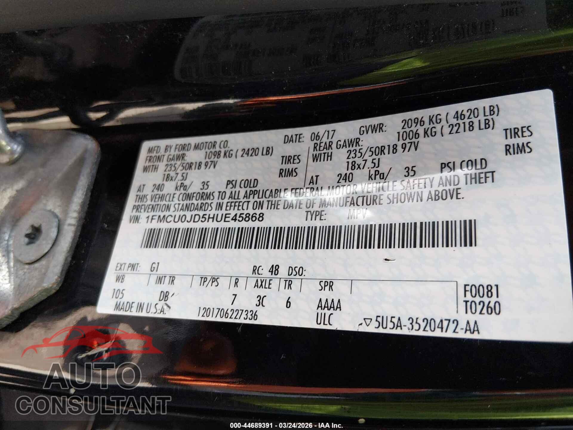 FORD ESCAPE 2017 - 1FMCU0JD5HUE45868